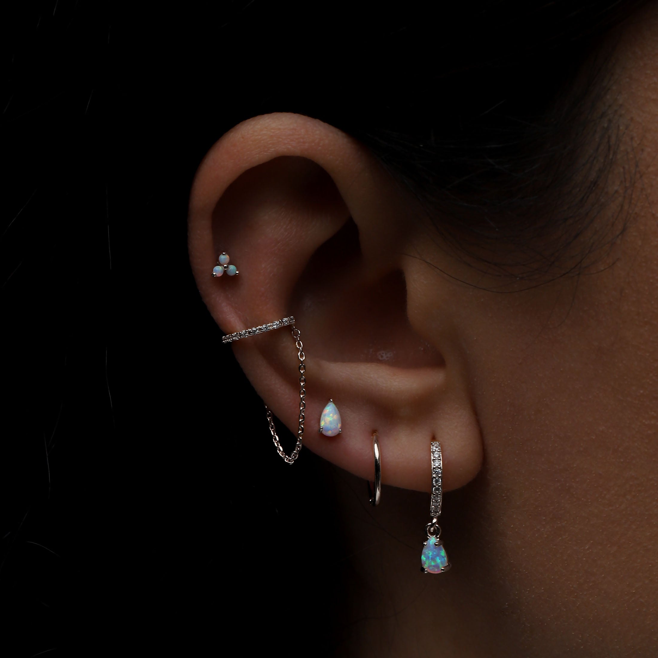 Aurora Opal Charm Huggie Hoop Earrings On Model - Sterling Silver
