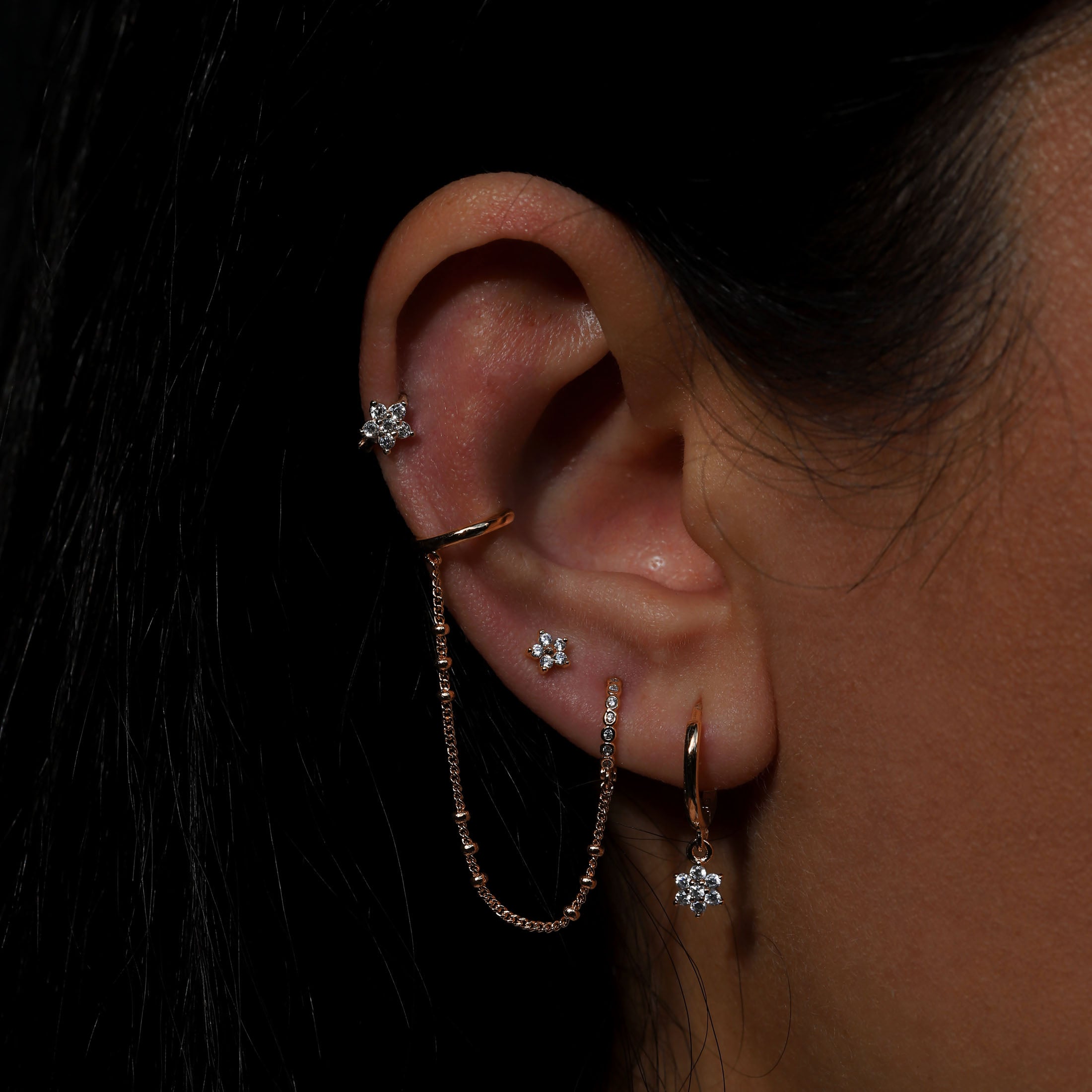 Bloom Flower Gemstone Charm Huggie Hoop Earrings On Model - Rose Gold