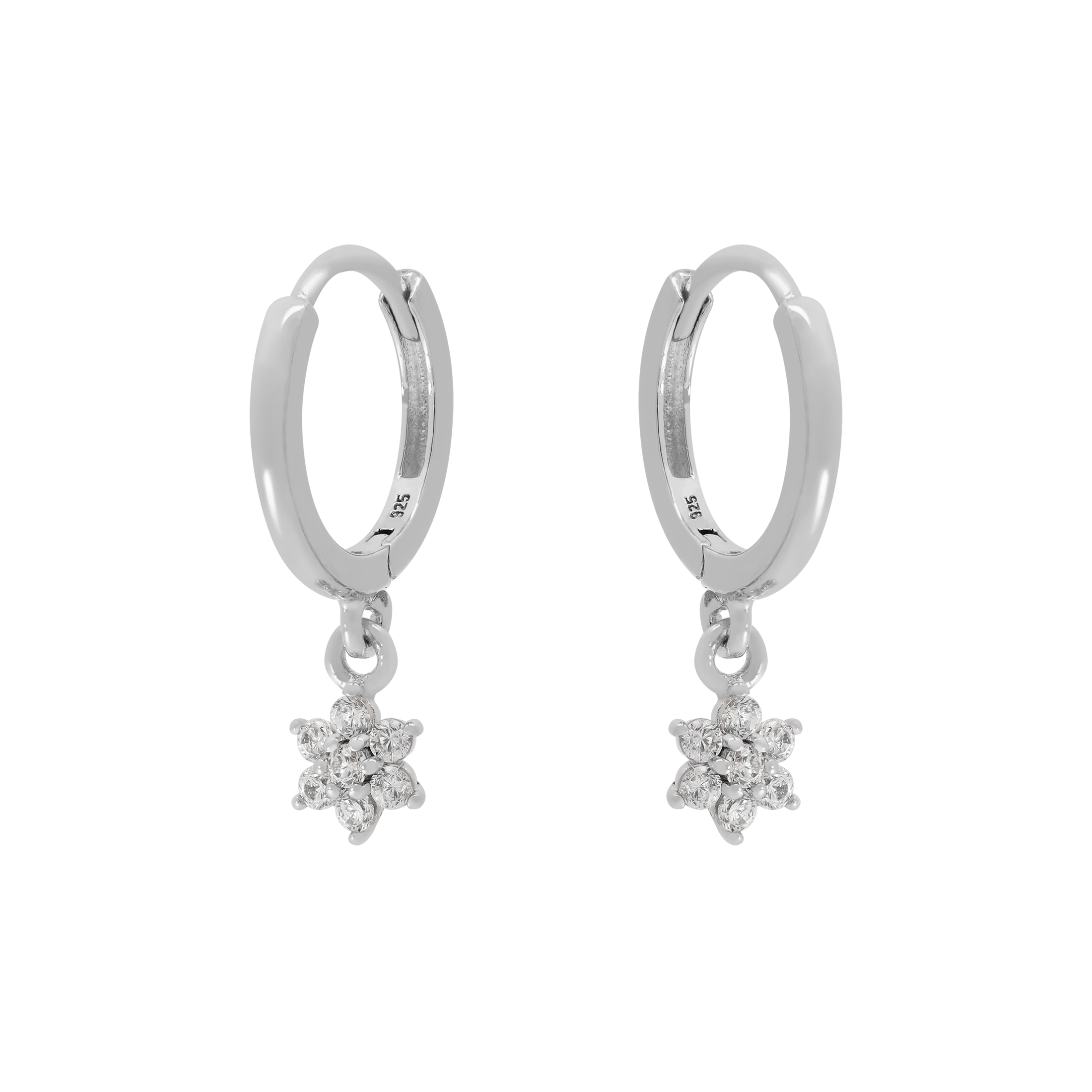 Bloom Flower Gemstone Charm Huggie Hoop Earrings - Sterling Silver