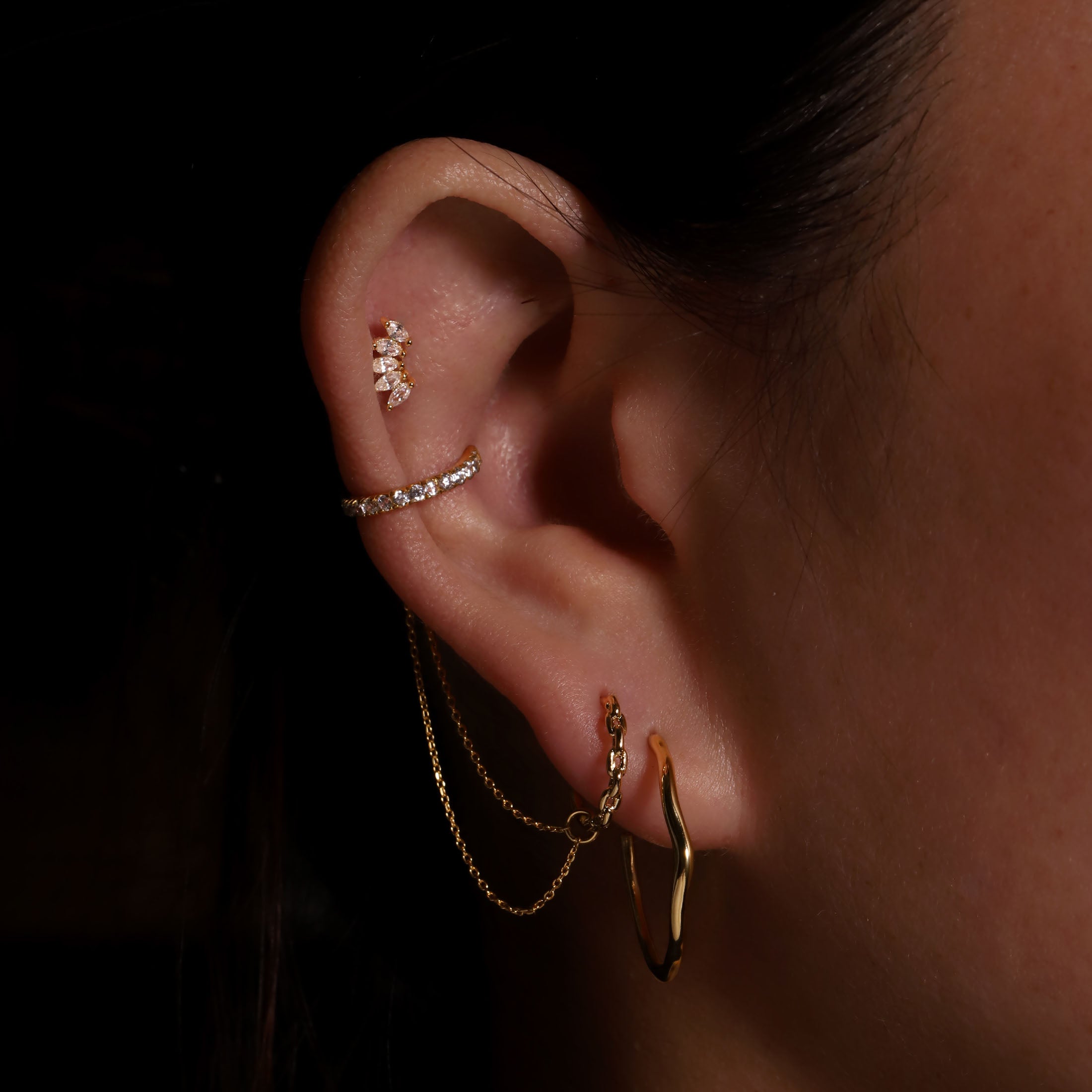 Bound Chain Link Earring Huggie Hoops  On Model 2 - Gold