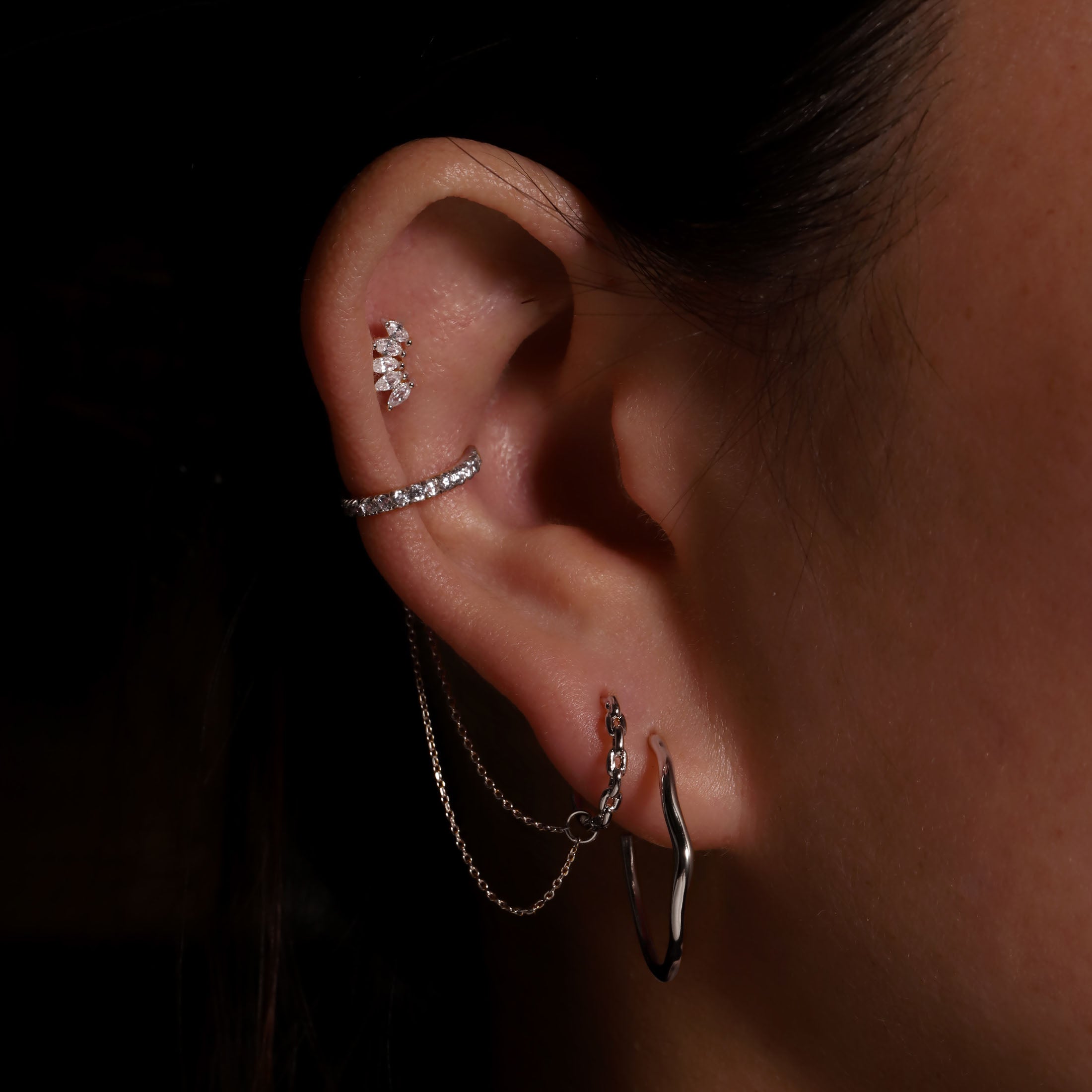 Bound Chain Link Earring Huggie Hoops  On Model 2 - Sterling Silver