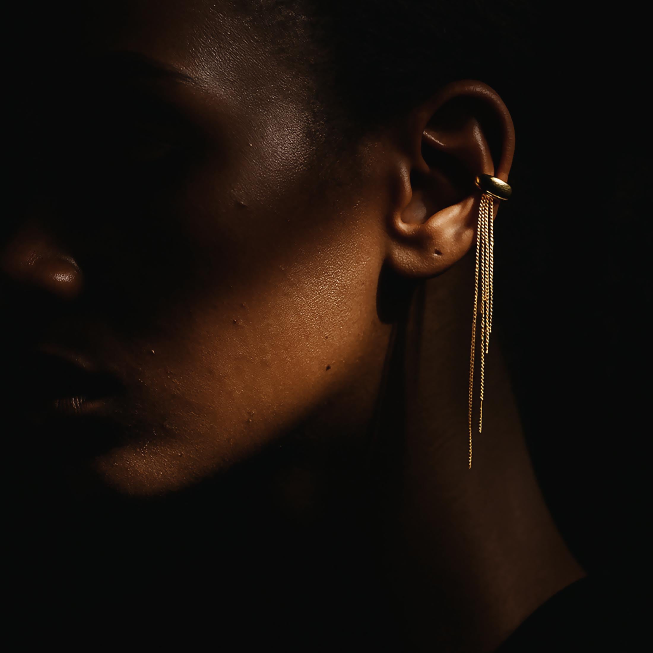 Cascade Dangling Chains Ear Cuff On Model - Gold