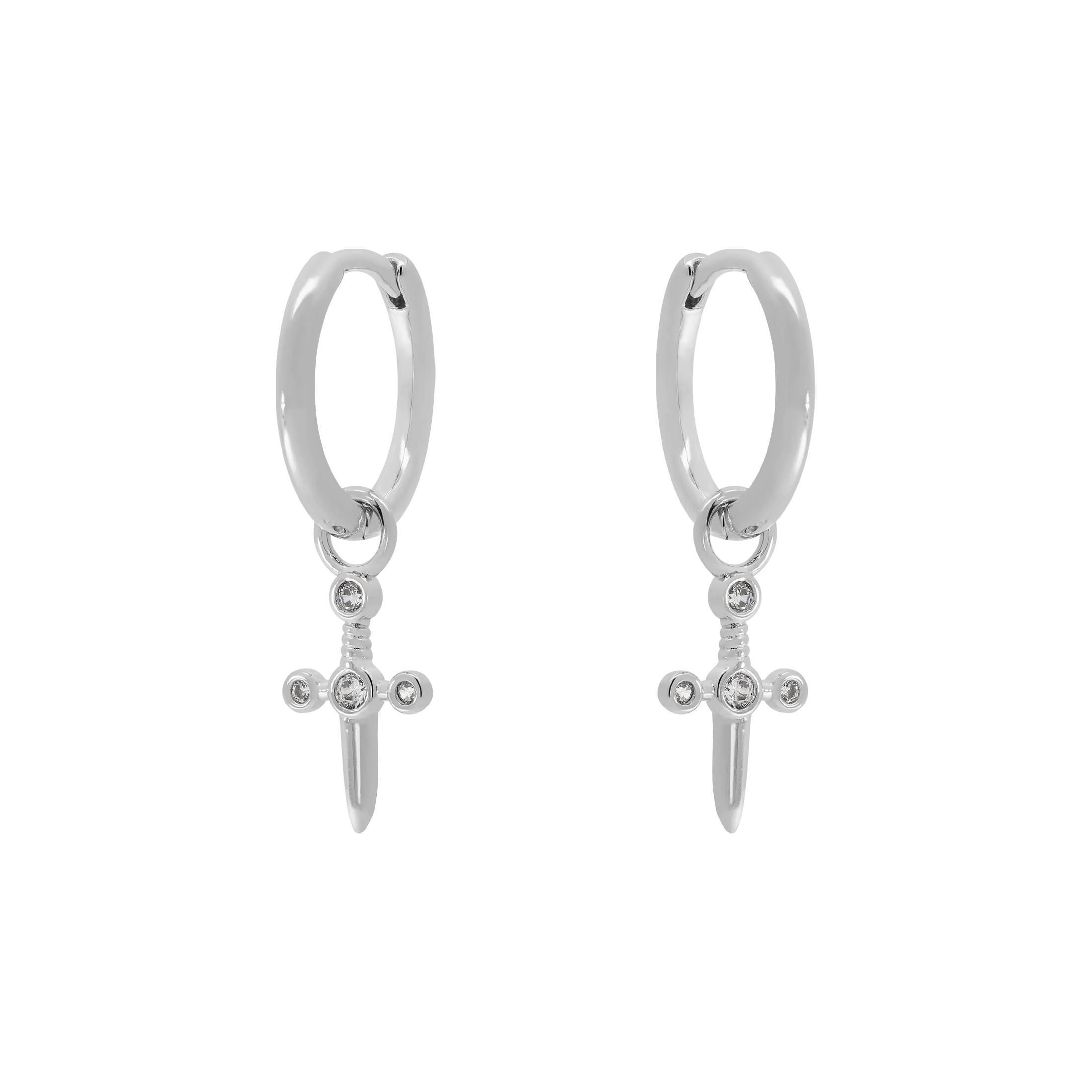 Dagger Charm Huggie Hoop Earrings - Sterling Silver