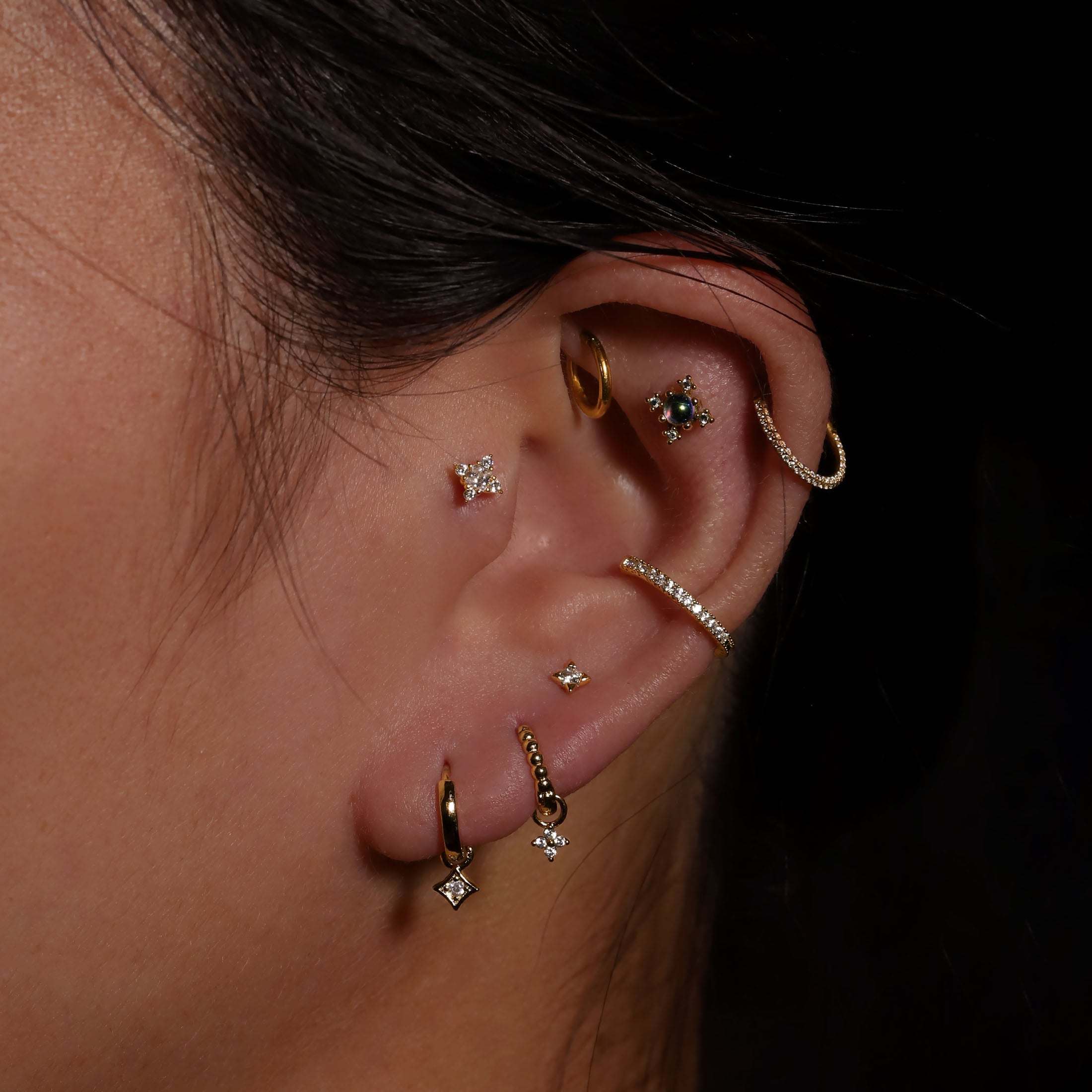 Datum Gemstone Pendant Earring Huggie Hoops On Model - Gold