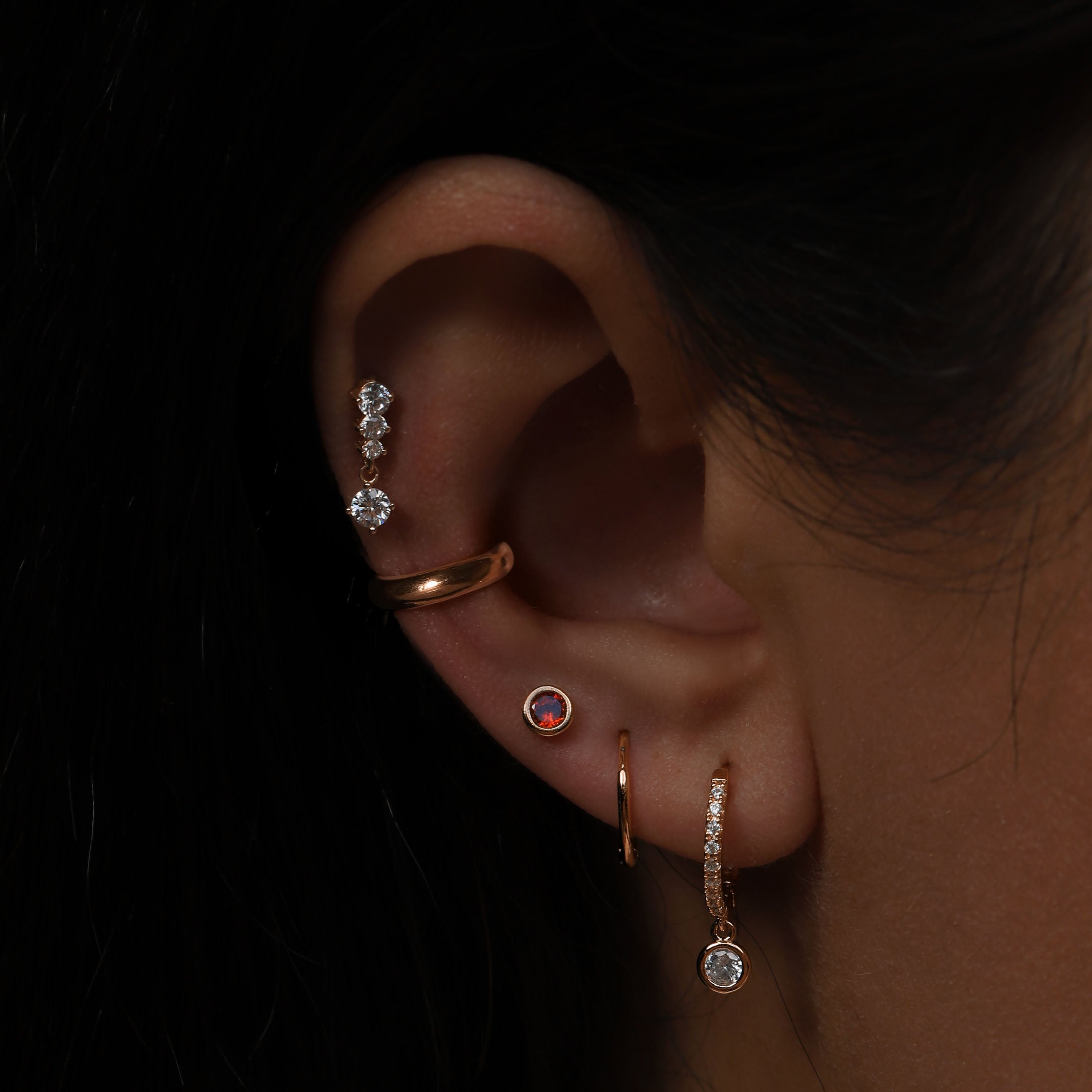 Decadent Gemstone Charm Huggie Hoop Earrings On Model - Rose Gold