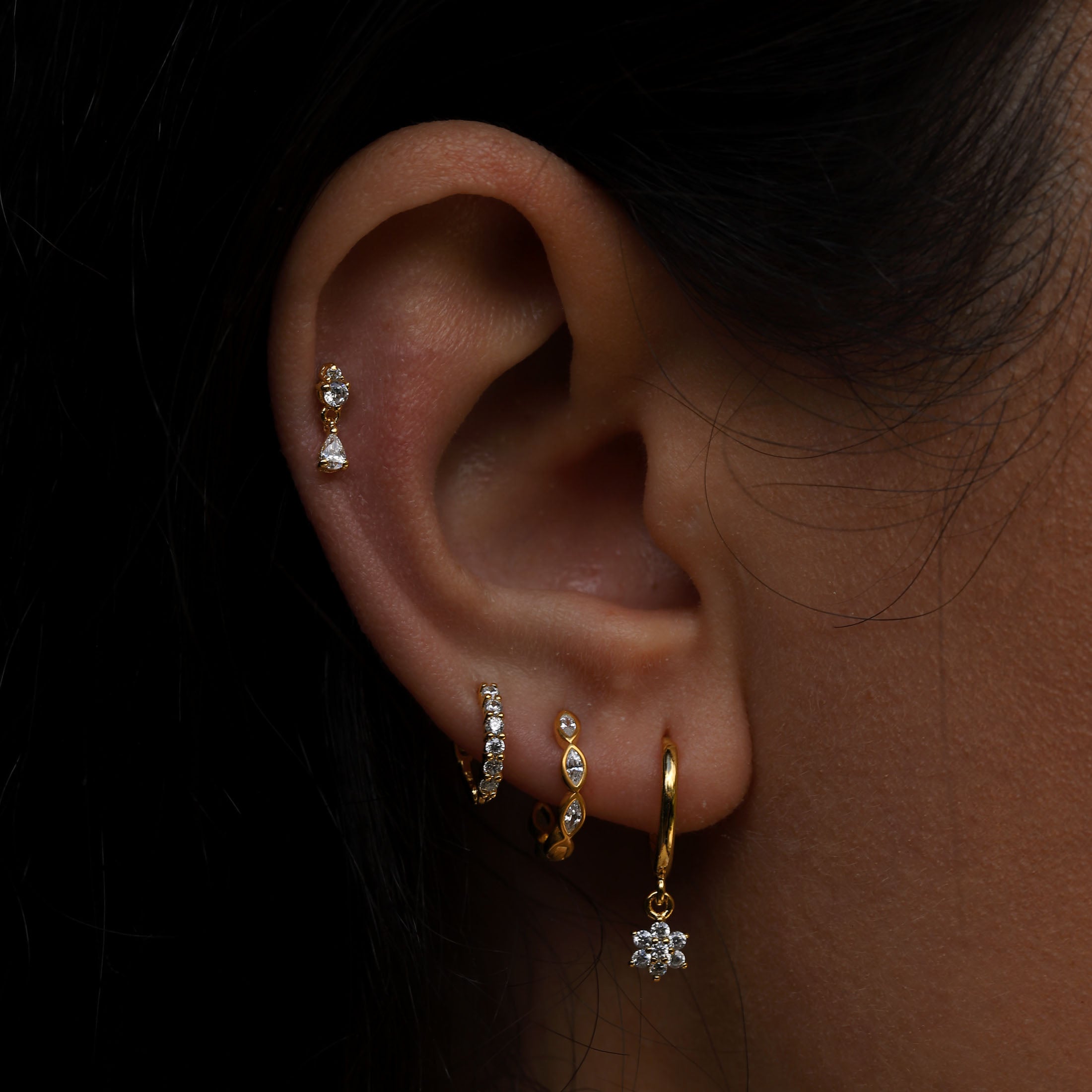 Dimple Olive Gemstones Huggie Earring Hoops On Model - Gold