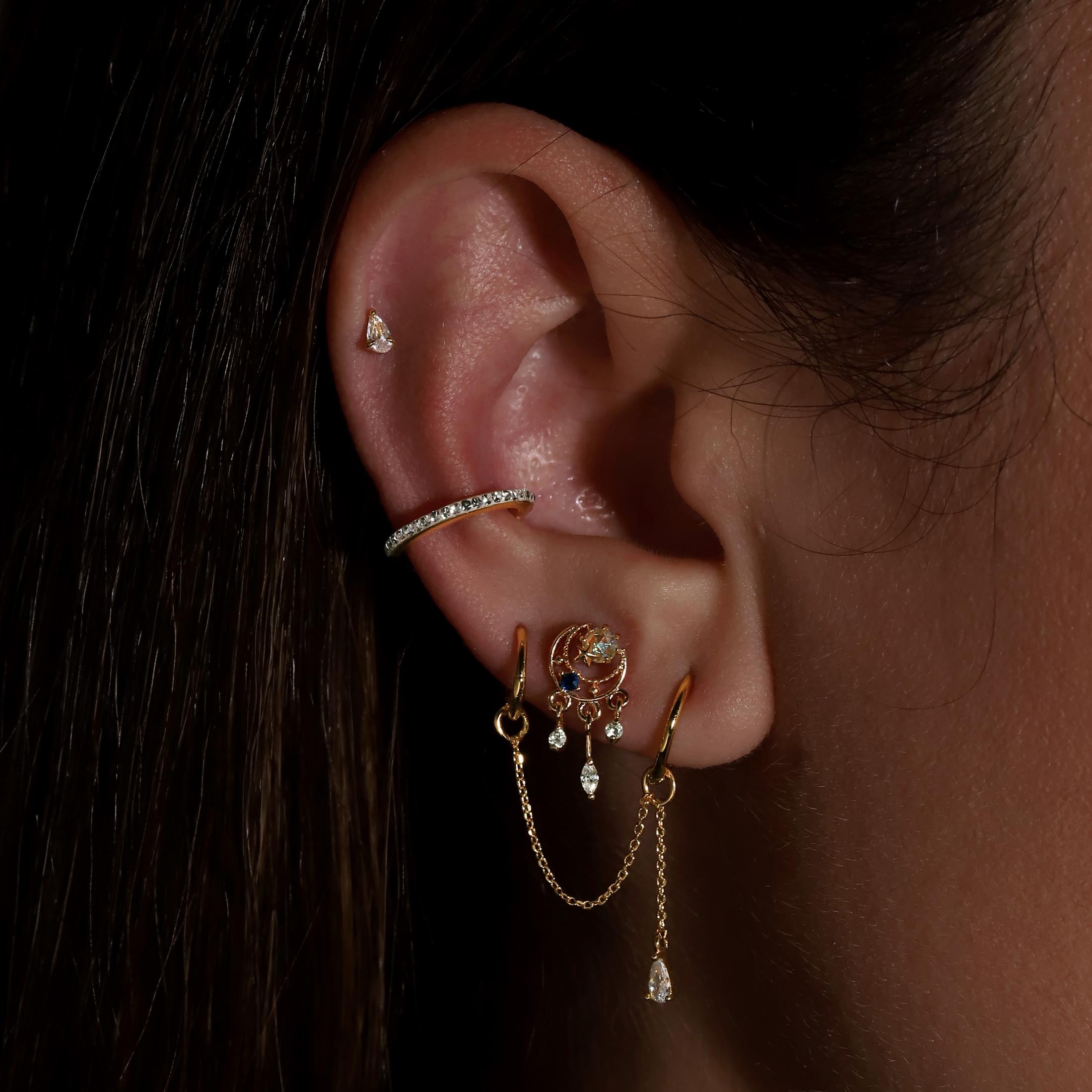 Shimmer Eternal Gemstones Helix Conch & Cartilage Hoop Piercing On Model - Gold