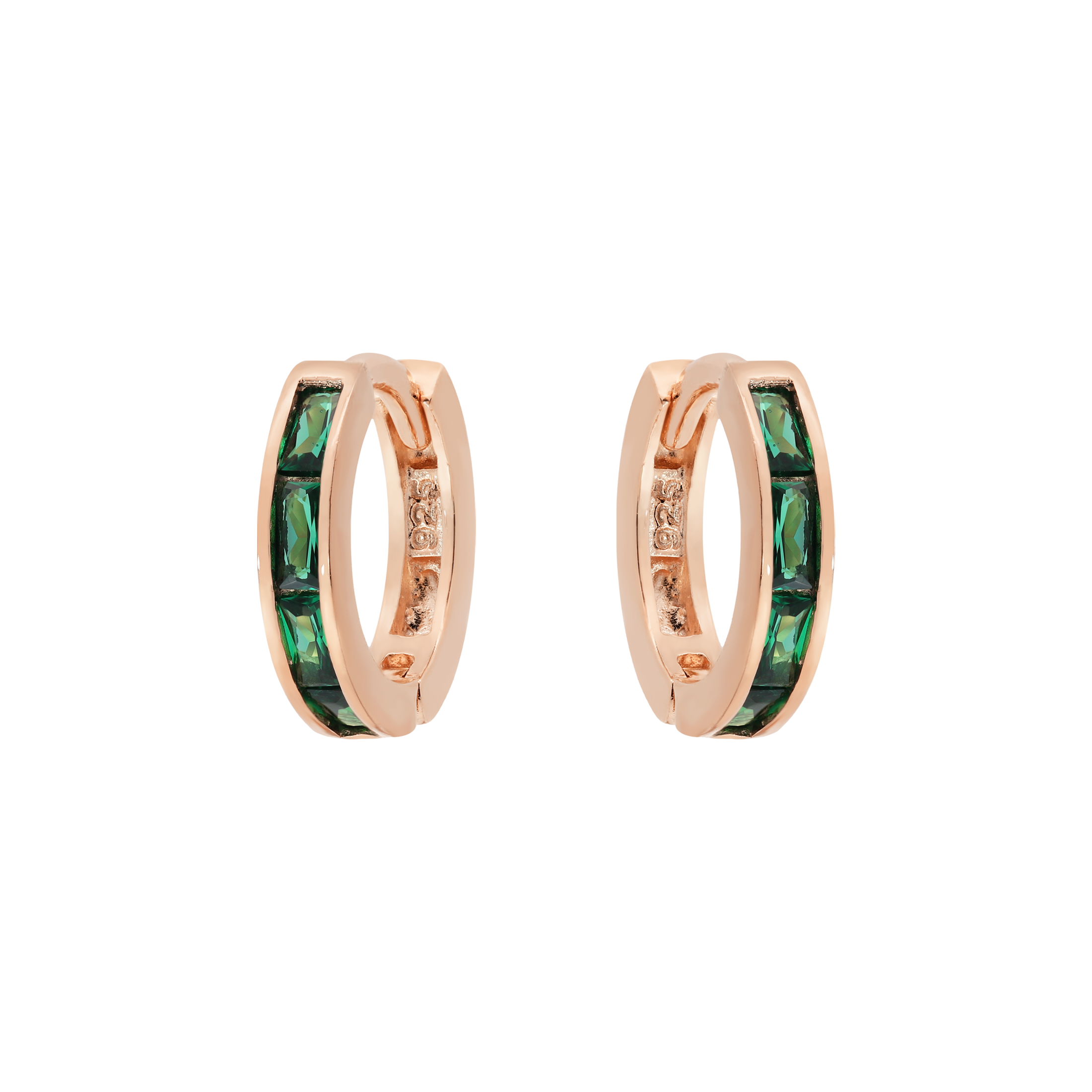 Eternity Emerald Gemstone Huggie Earring Hoops - Rose Gold
