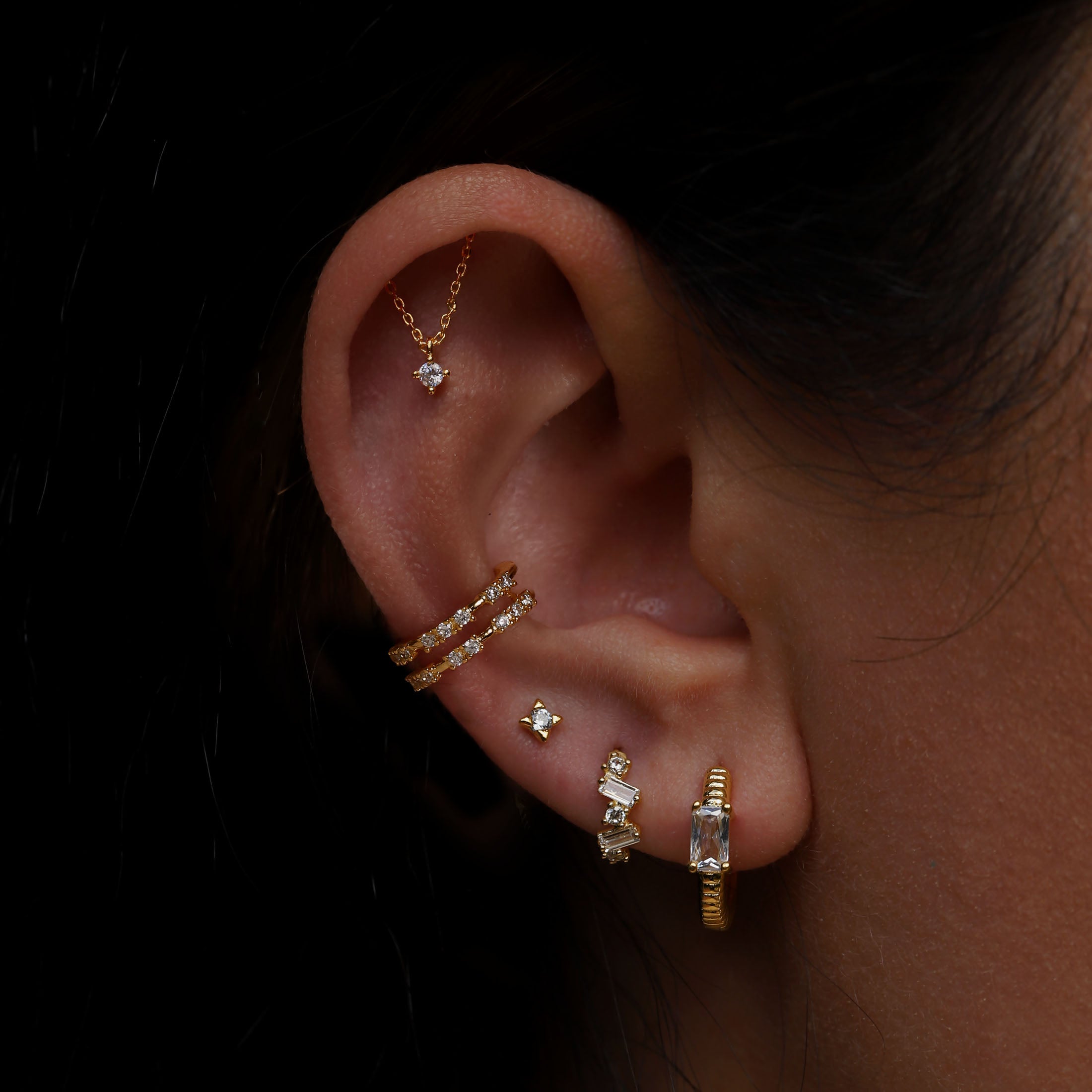 Exile Baguette Gemstone Huggie Earring Hoops On Model 2 - Gold