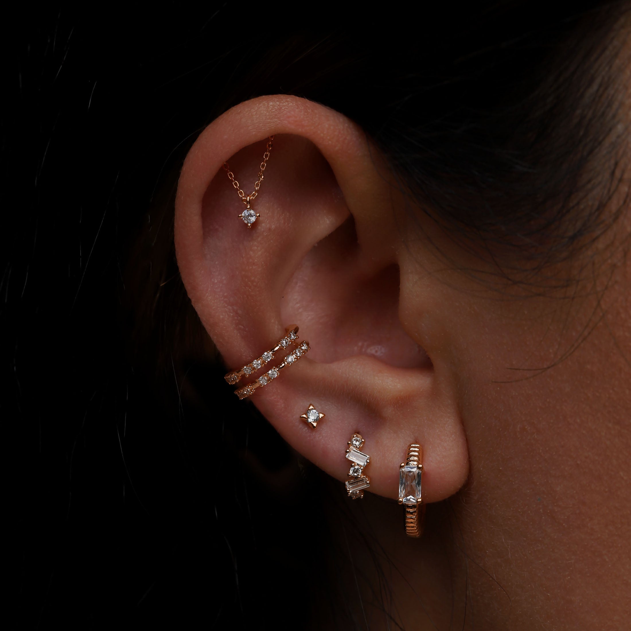 Exile Baguette Gemstone Huggie Earring Hoops On Model 2 - Rose Gold