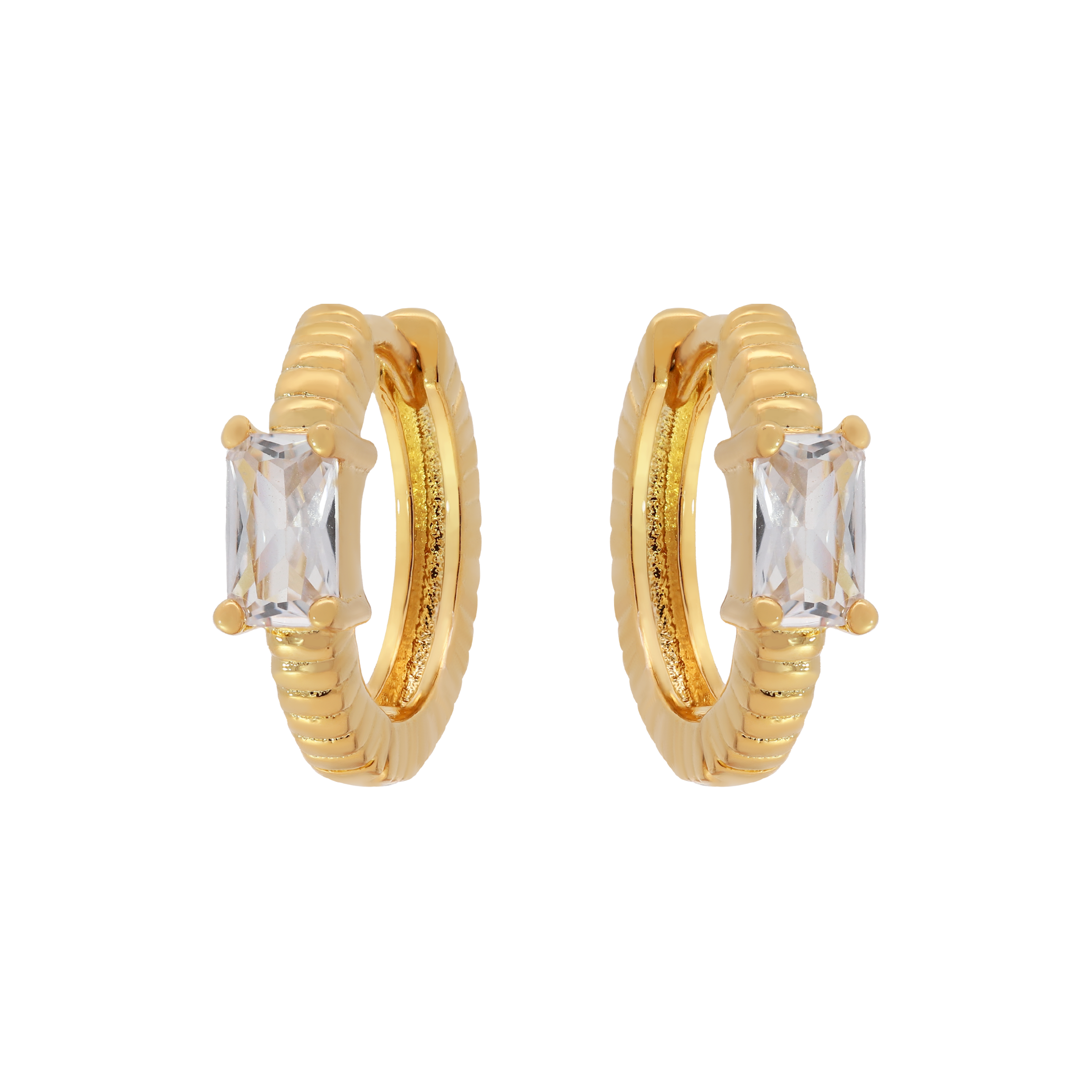 Exile Baguette Gemstone Huggie Earring Hoops - Gold