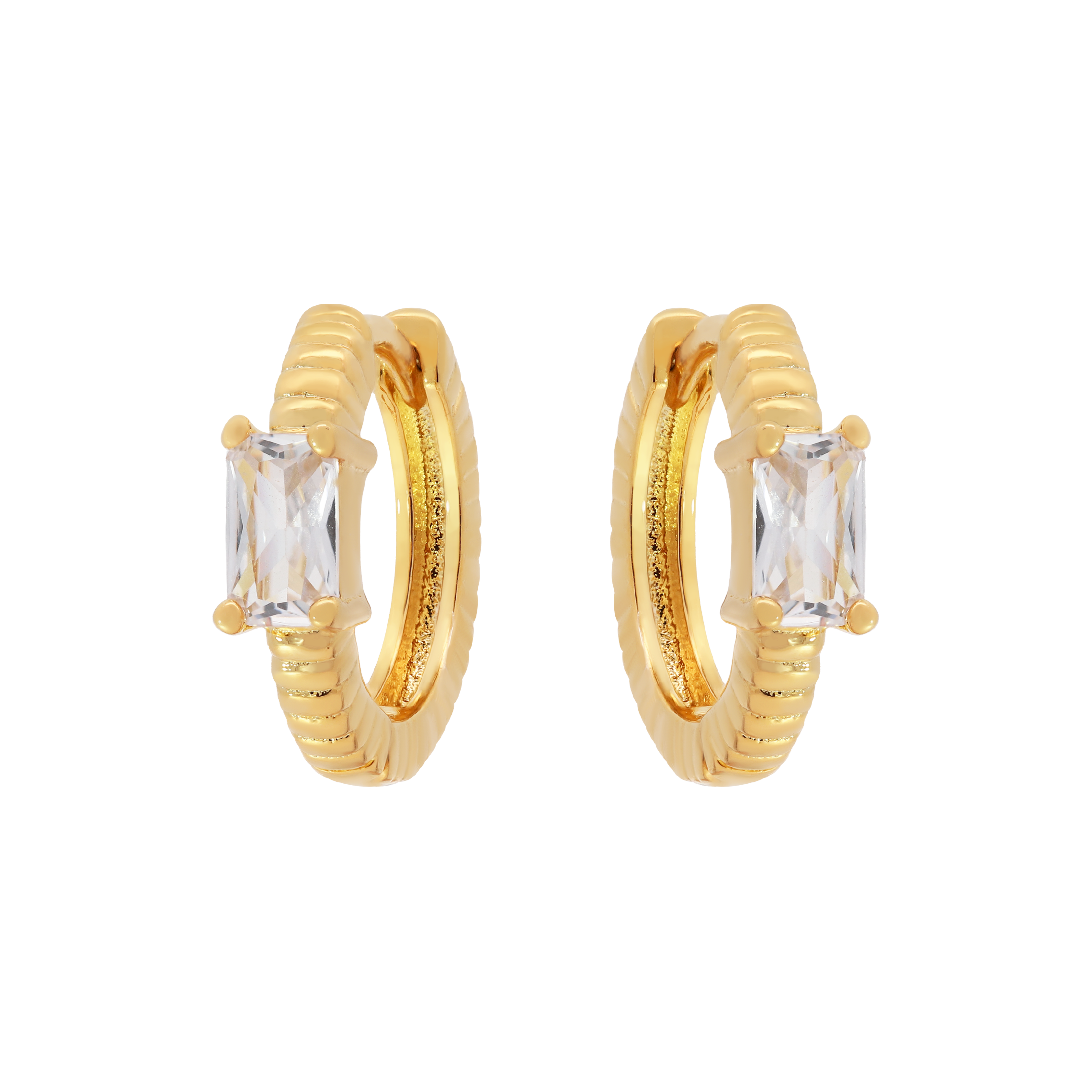 Exile Baguette Gemstone Huggie Earring Hoops - Gold