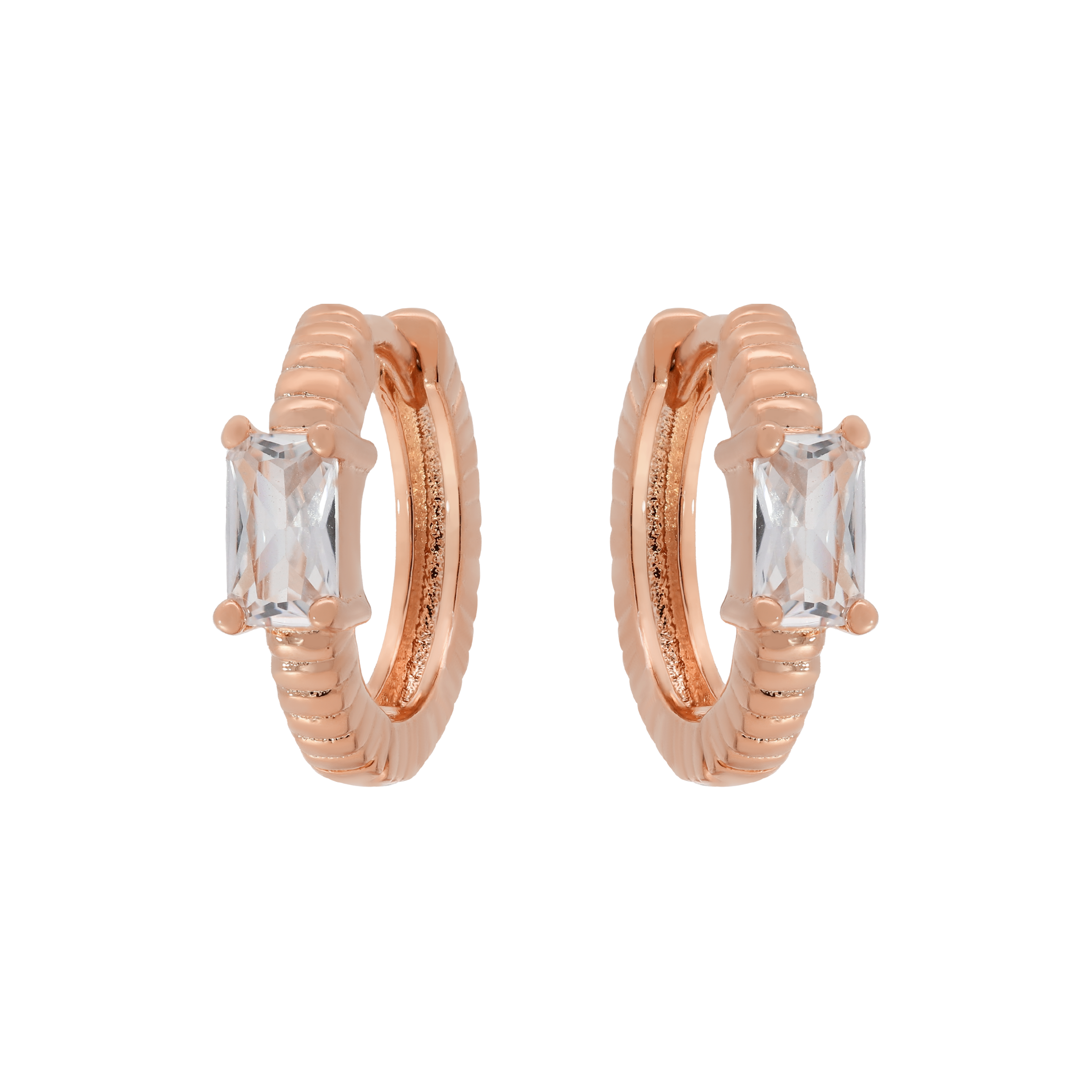 Exile Baguette Gemstone Huggie Earring Hoops - Rose Gold