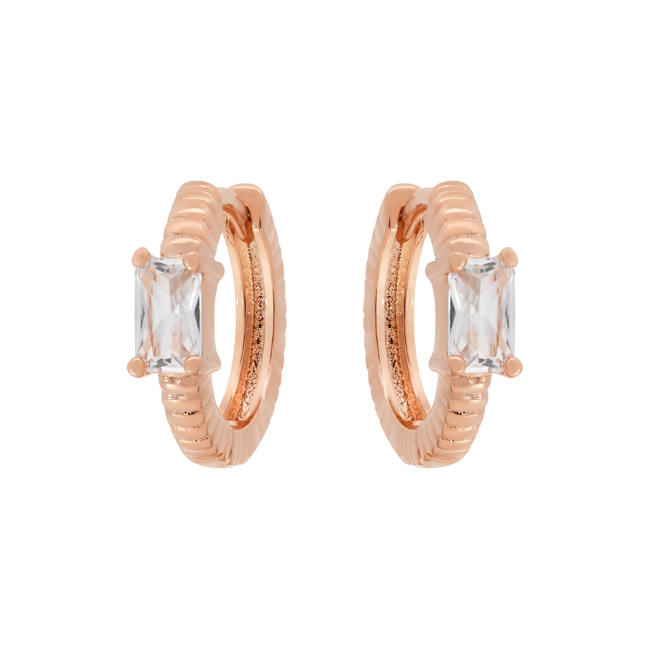 Exile Baguette Gemstone Huggie Earring Hoops - Rose Gold