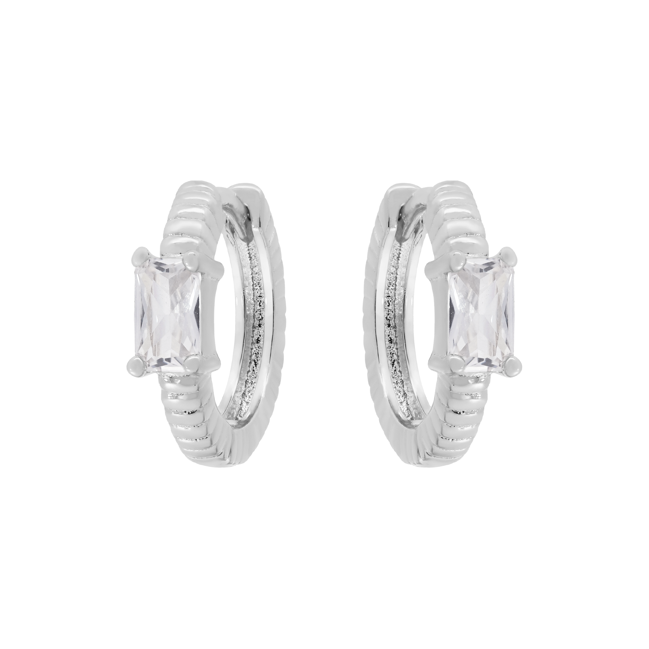 Exile Baguette Gemstone Huggie Earring Hoops - Sterling Silver