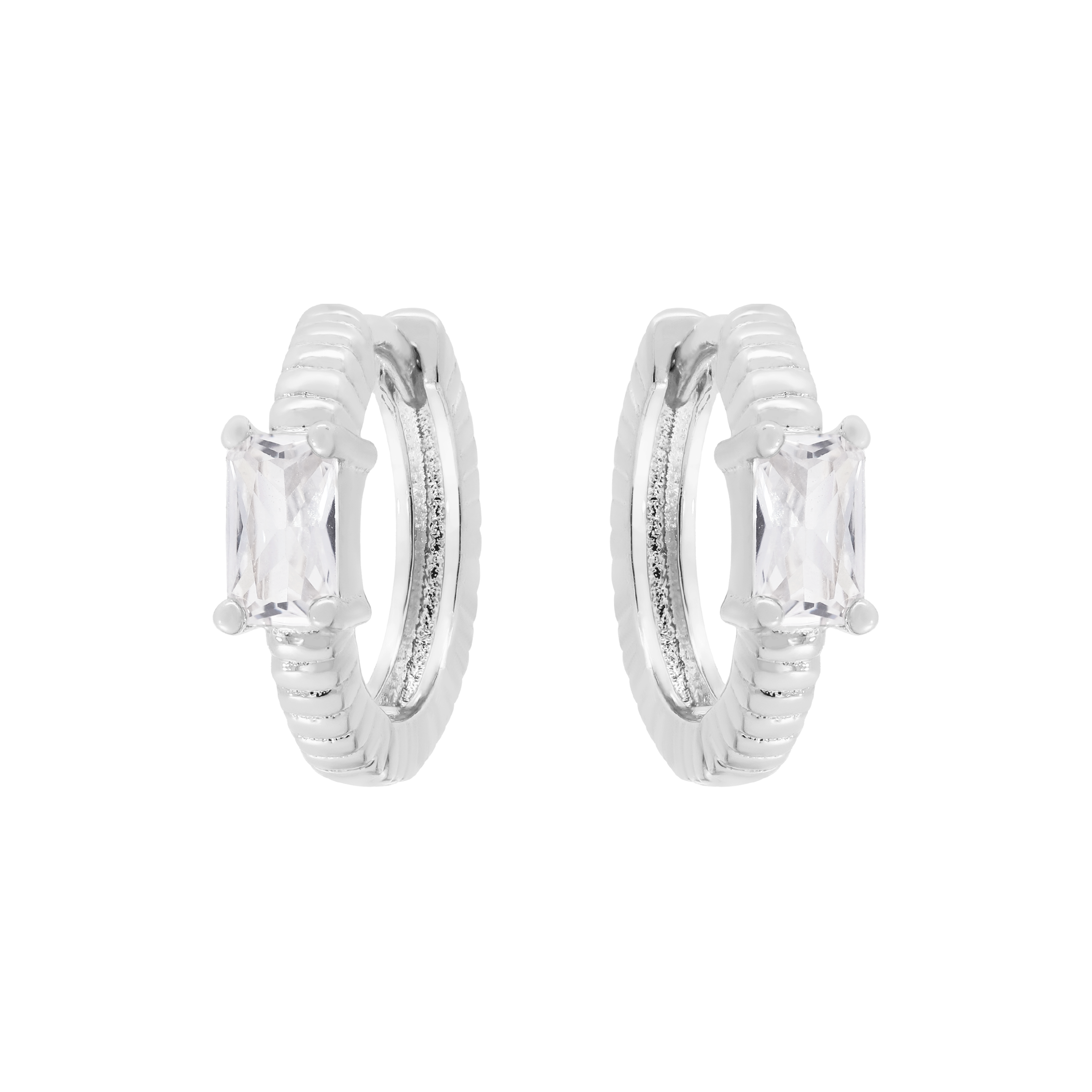 Exile Baguette Gemstone Huggie Earring Hoops - Sterling Silver