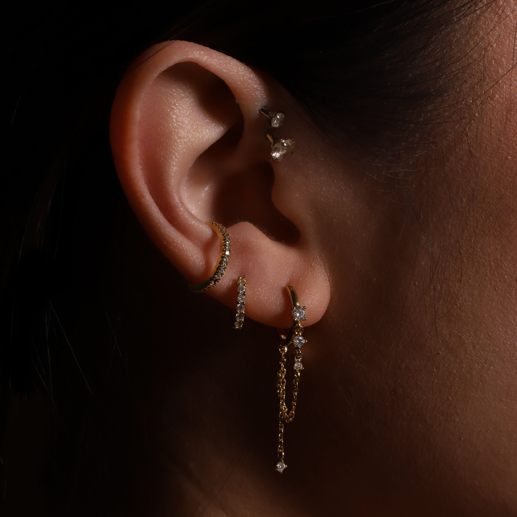 Jorja Gemstones with Chain Drop Earring Huggie Hoops On Model - Gold