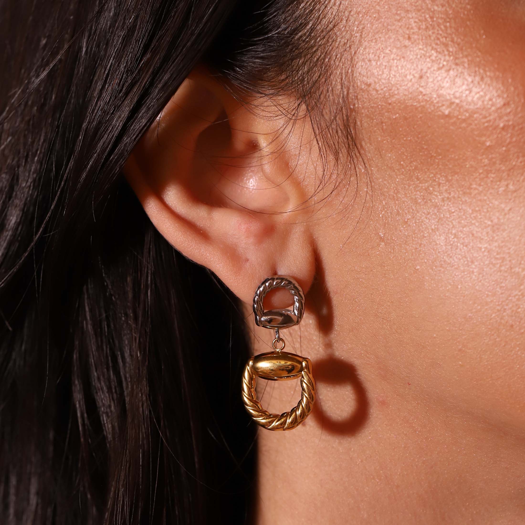 Julianne Duo Tone Rope Chain Earring Studs On Model