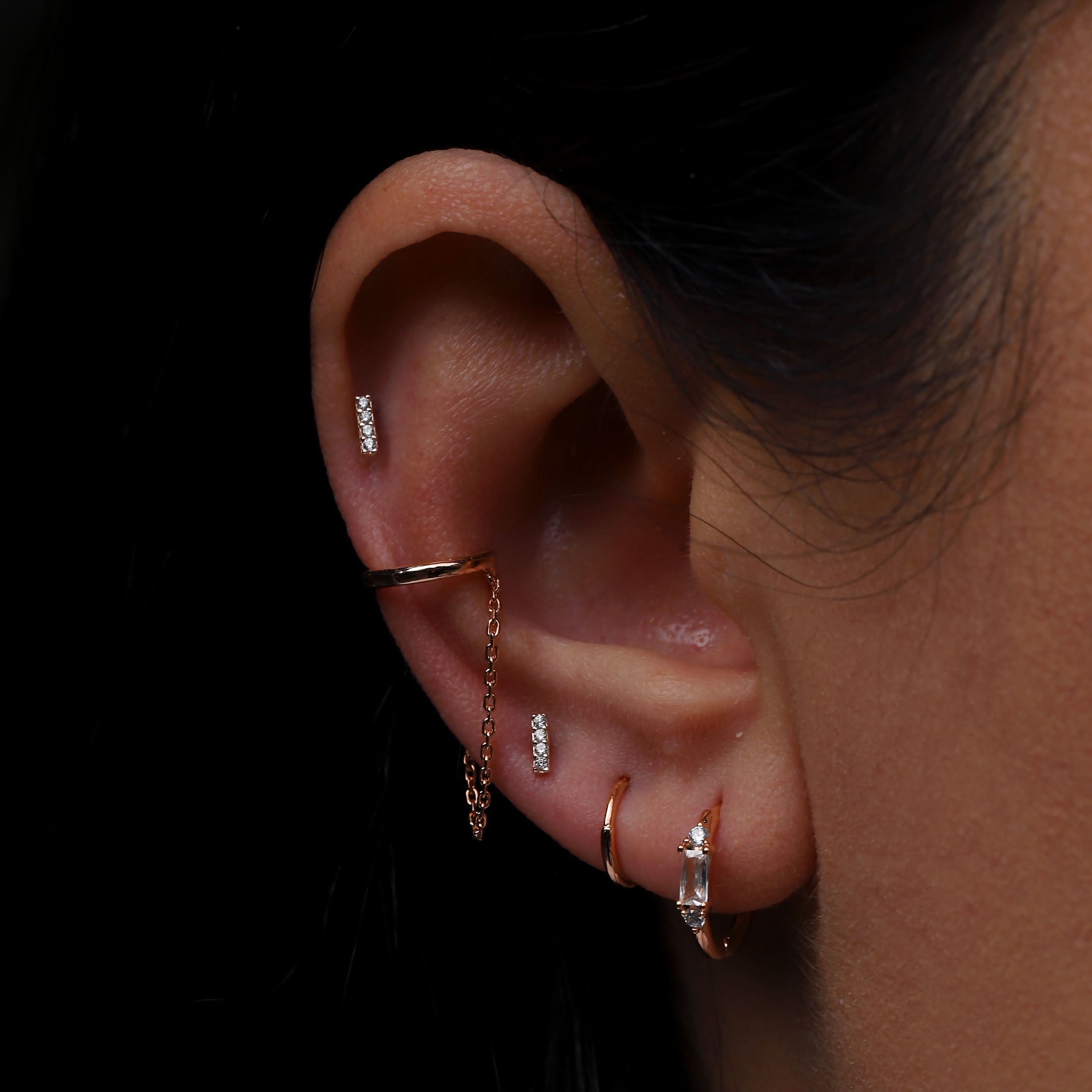 Linear Gemstone Earring Studs On Model - 14K Solid Rose Gold