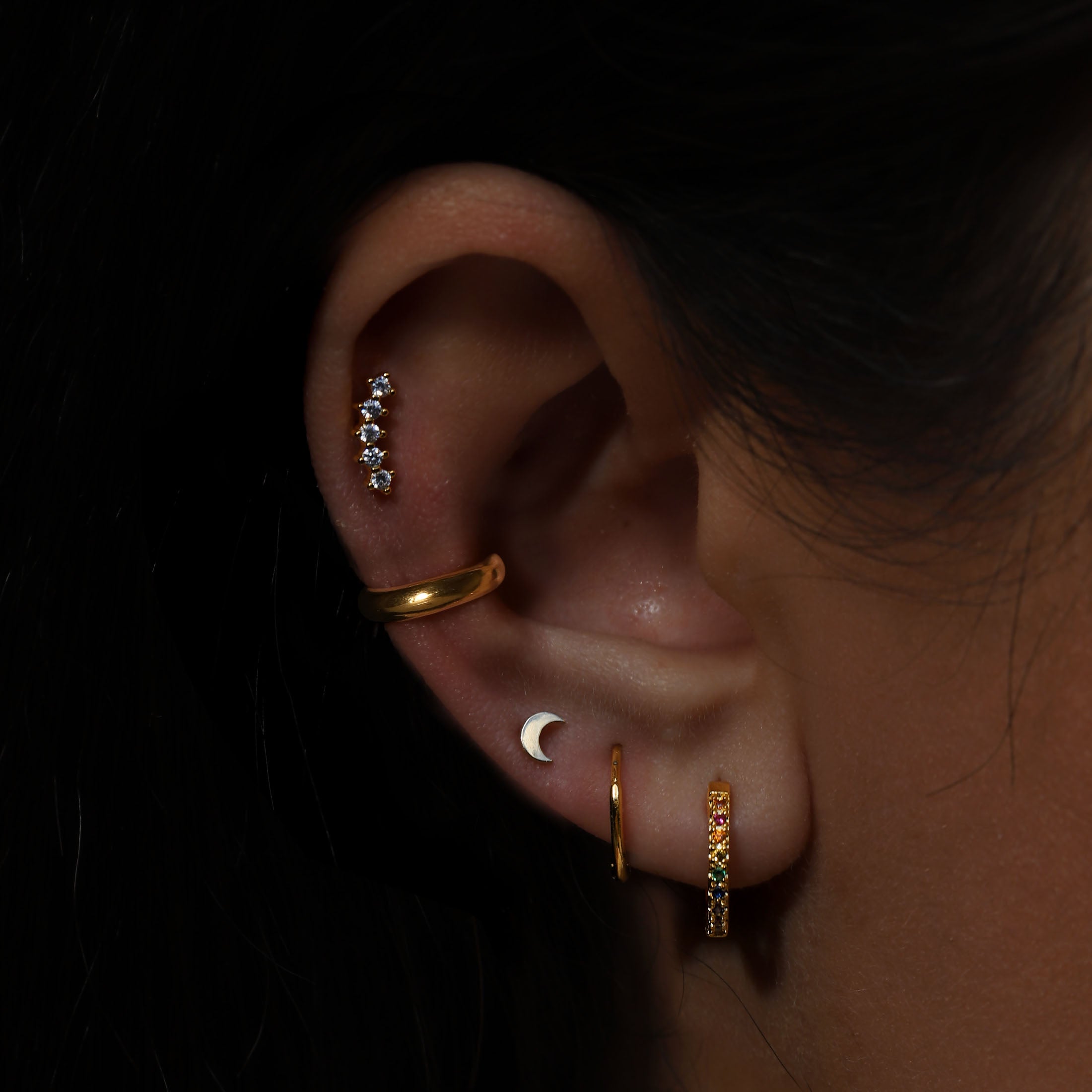 Logic Rainbow Gemstone Huggie Hoop Earrings On Model - Gold