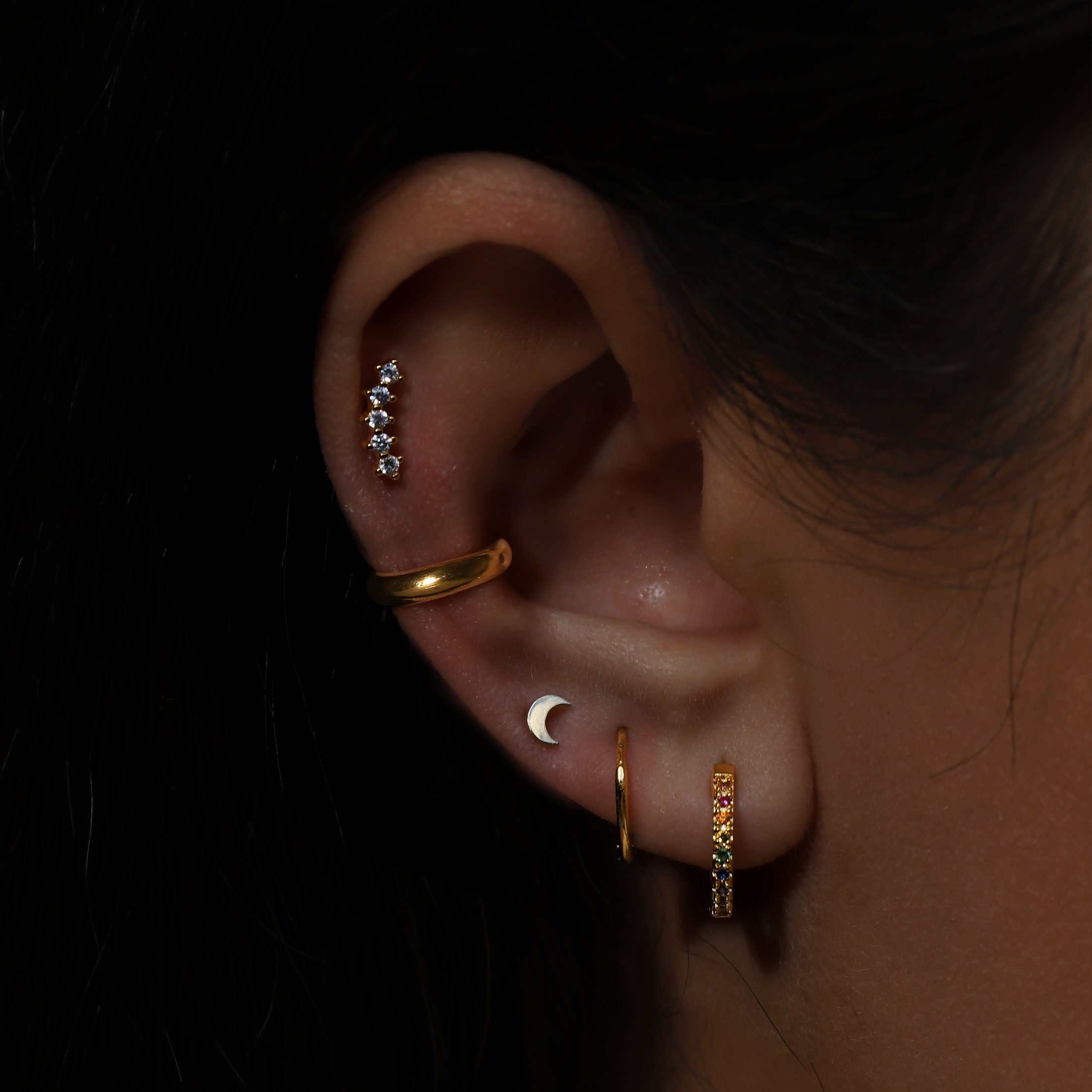 Lunar Moon Crescent Earring Studs On Model - 14K Solid Gold