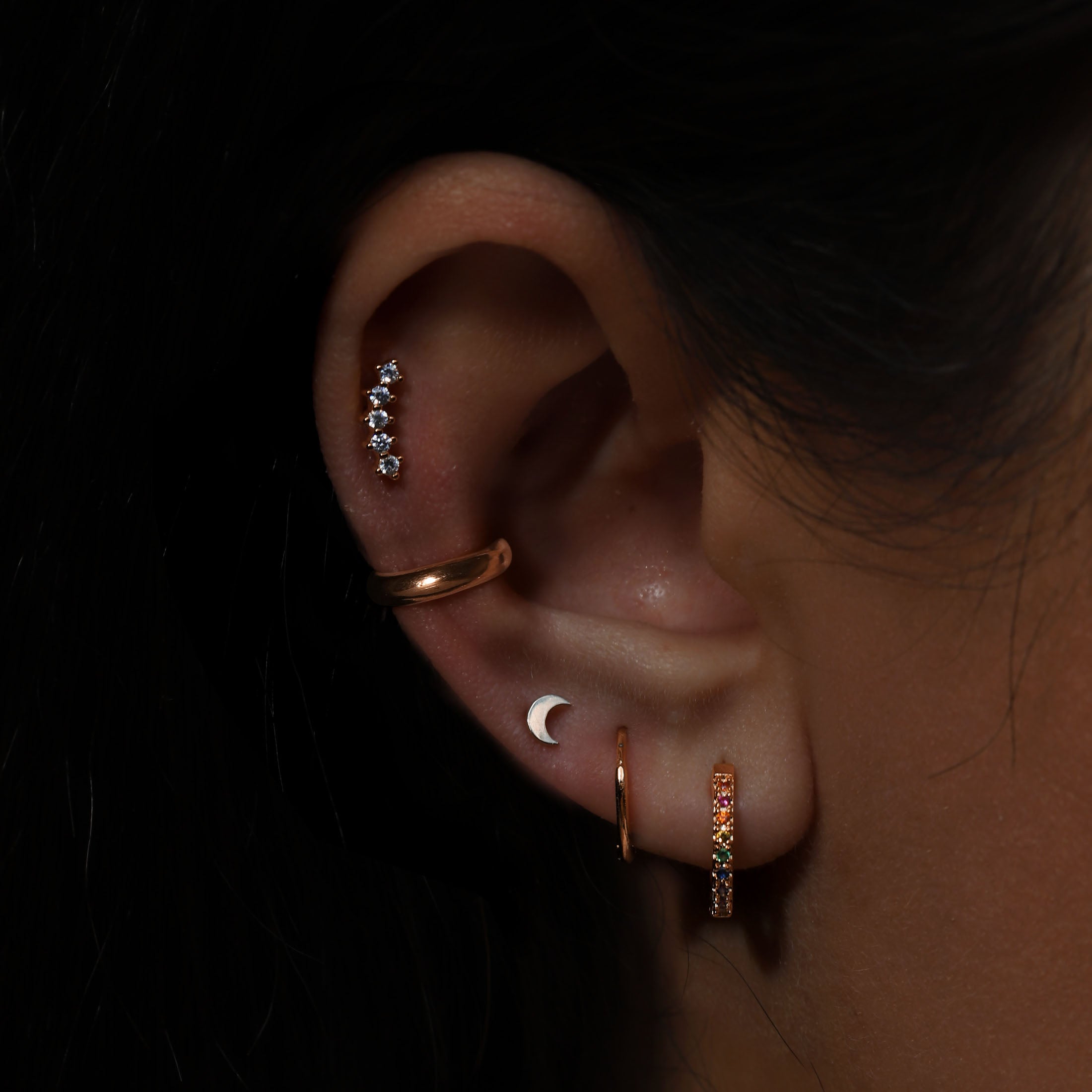 Lunar Moon Crescent Earring Studs On Model - 14K Solid Rose Gold