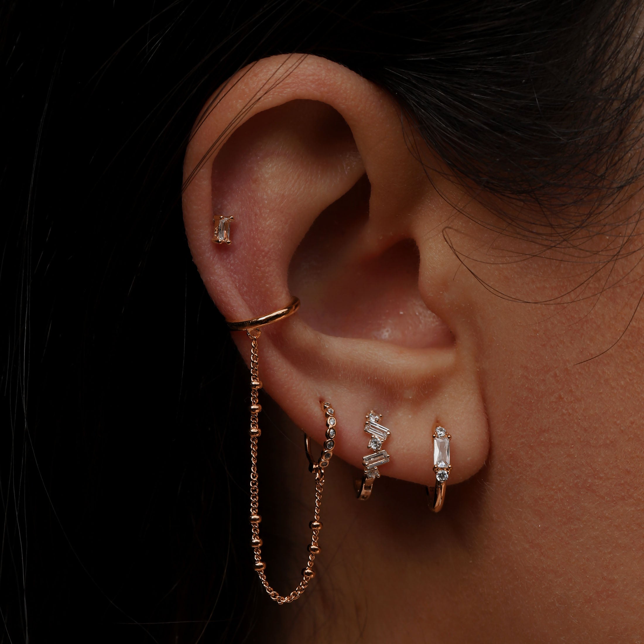 Lyric Gemstone Huggie Hoop Earrings On Model - Rose Gold