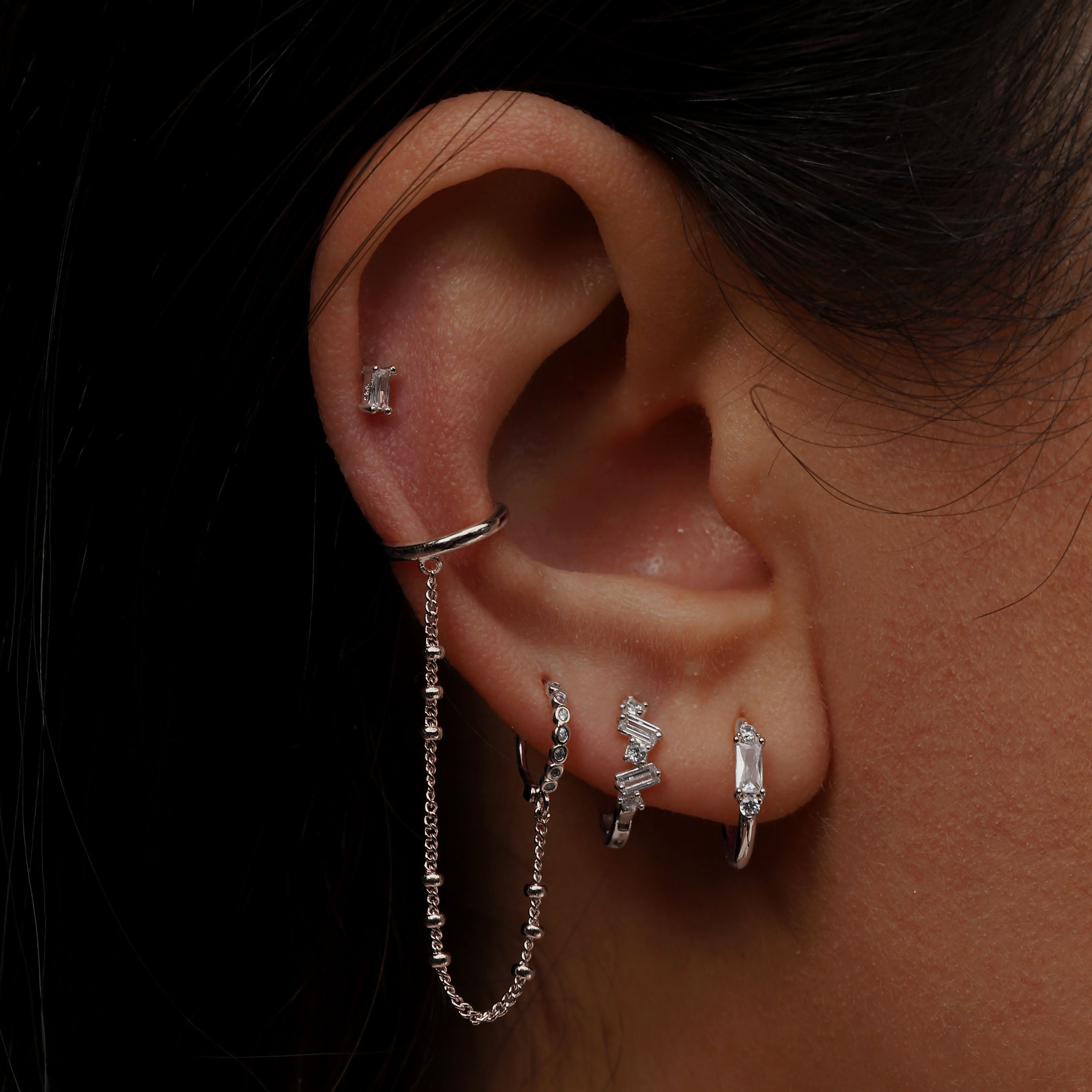 Lyric Gemstone Huggie Hoop Earrings On Model - Sterling Silver