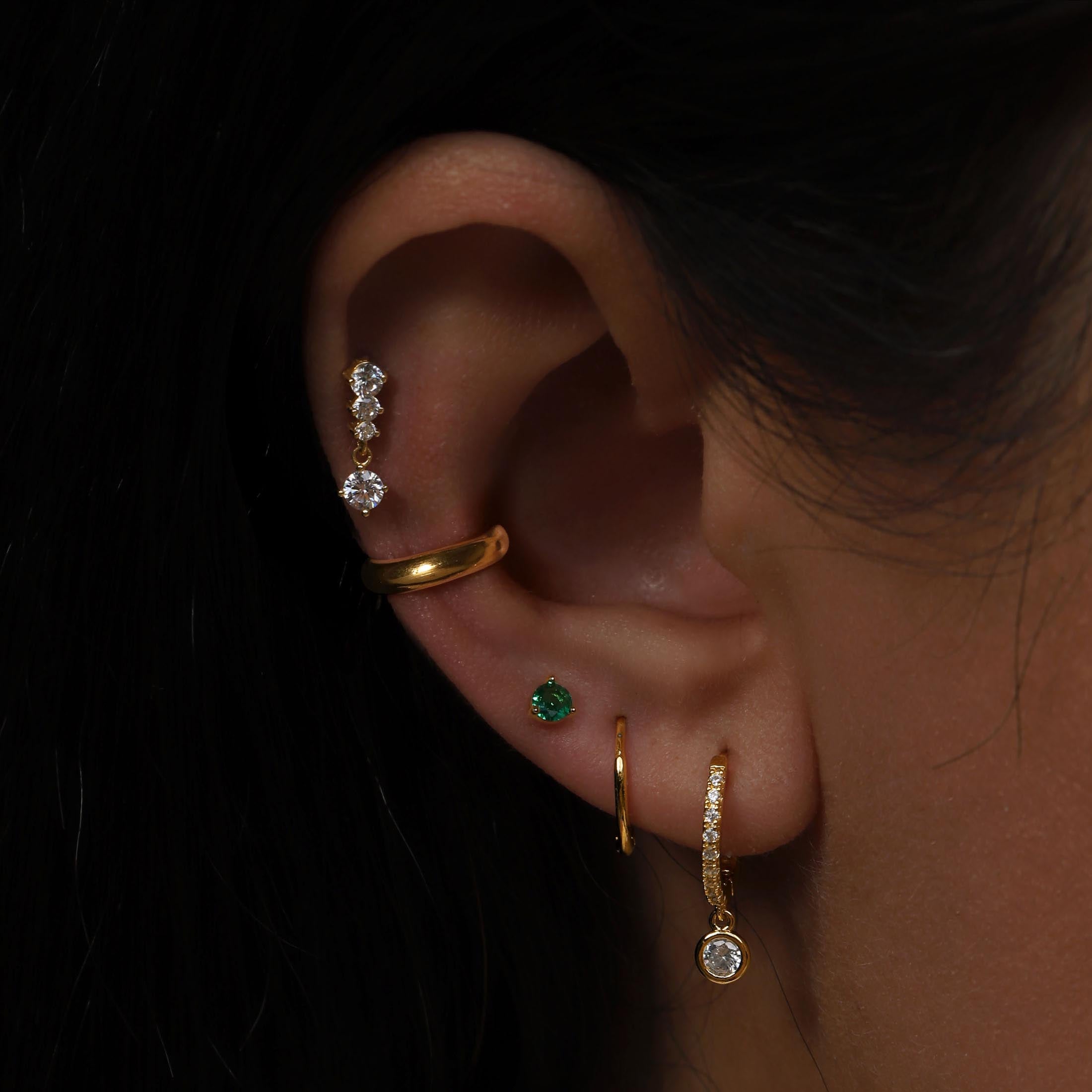 May Emerald Birthstone Earring Studs On Model - Gold