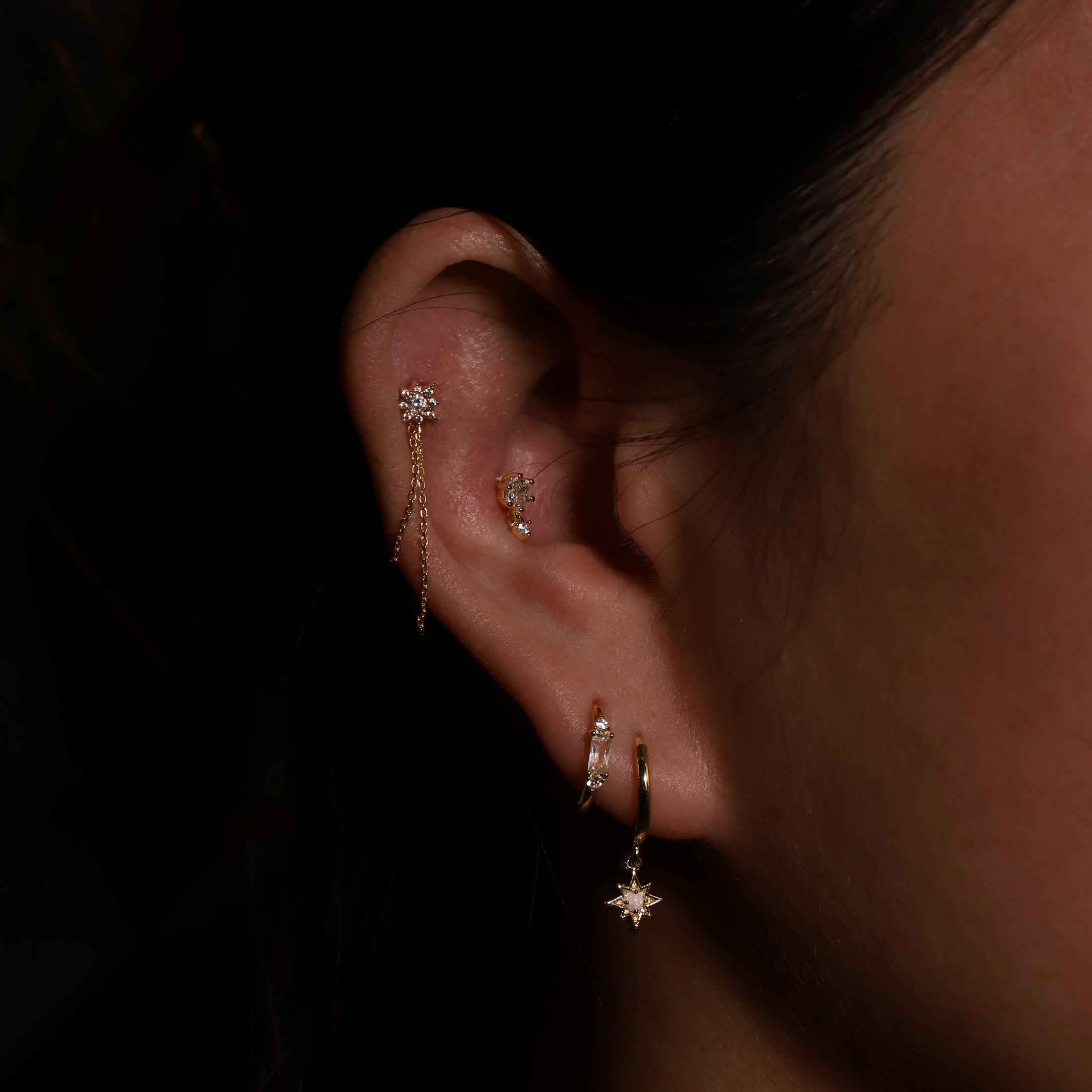 Meteor Star Opal Earring Huggie Hoops On Model - Gold