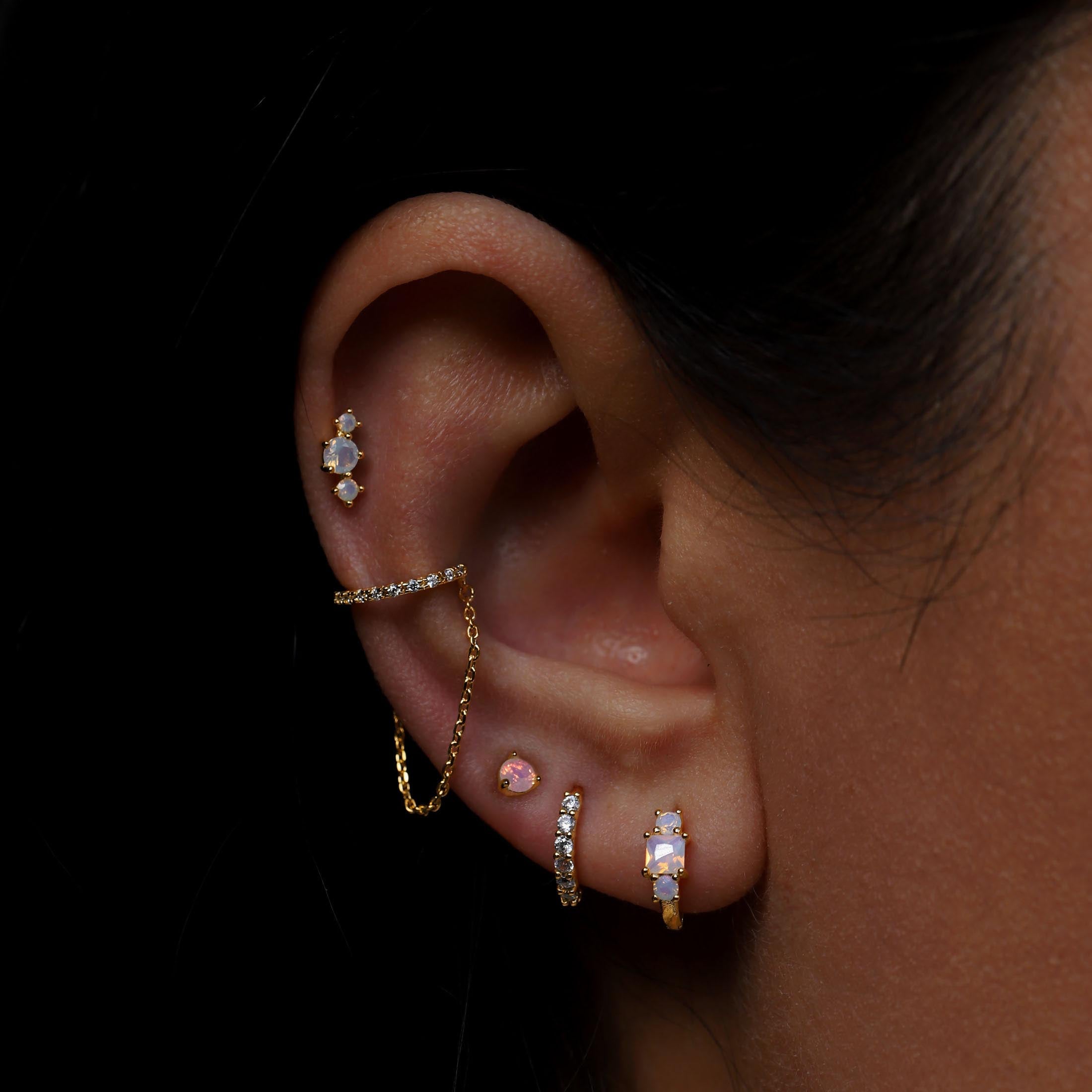 October Opal Birthstone Earring Studs On Model - Gold