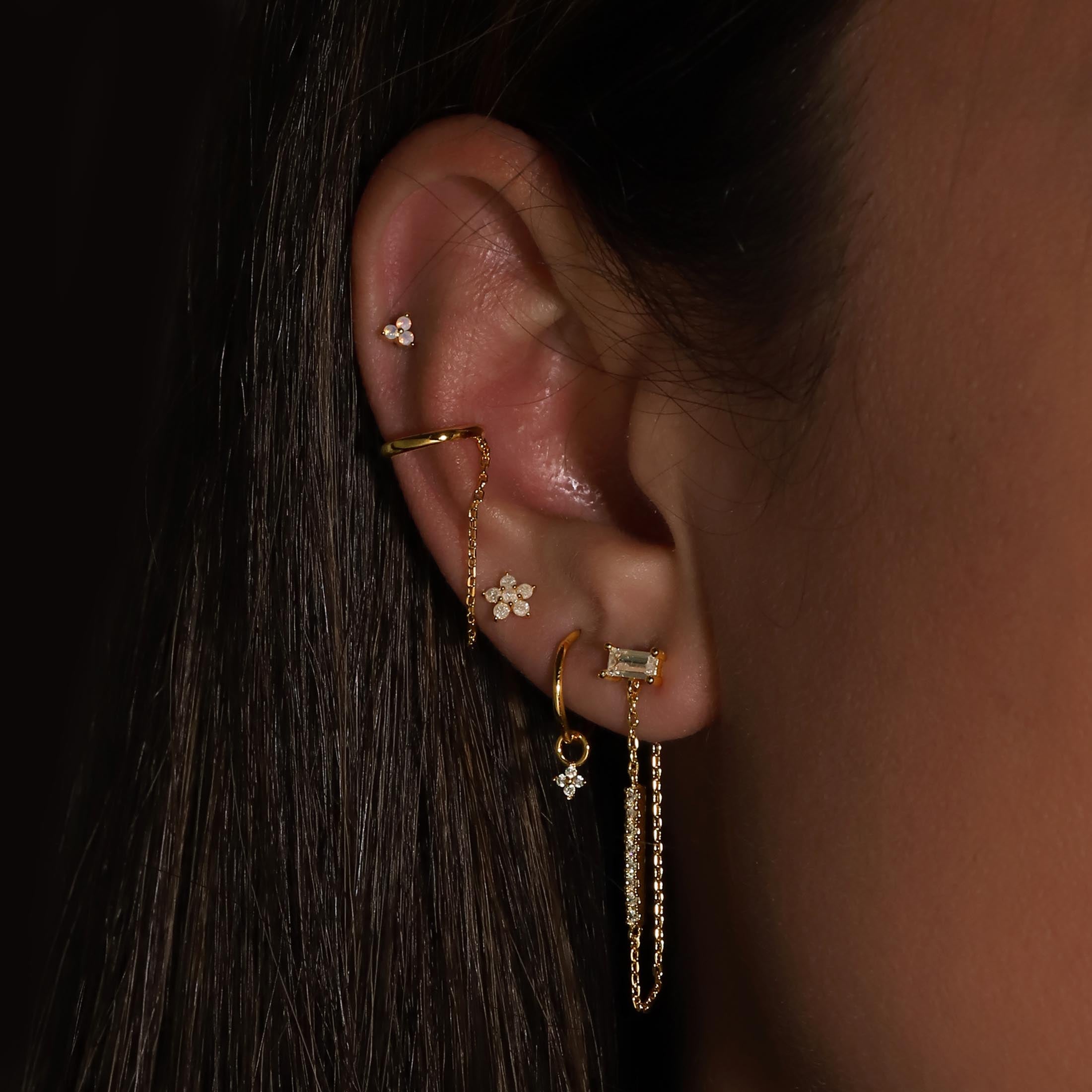 Rhea Gemstone Drop Chain Earrings On Model - Gold