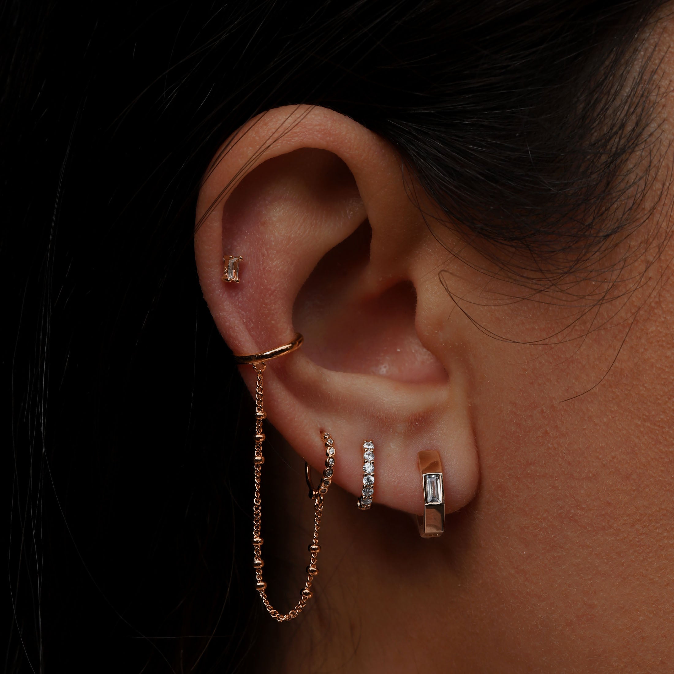 Penelope Hexagon Gemstone Huggie Hoop Earrings On Model - Rose Gold