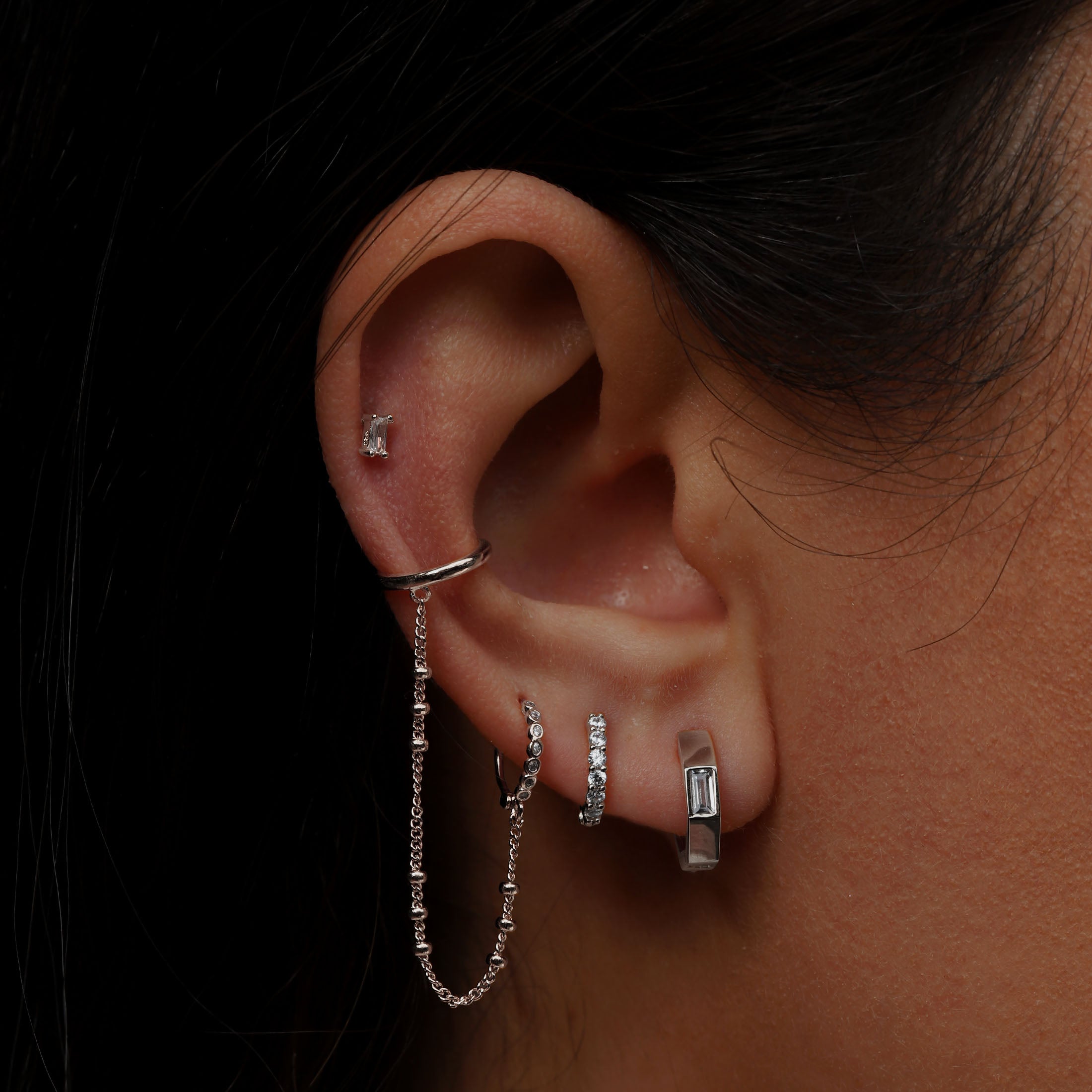 Penelope Hexagon Gemstone Huggie Hoop Earrings On Model - Sterling Silver