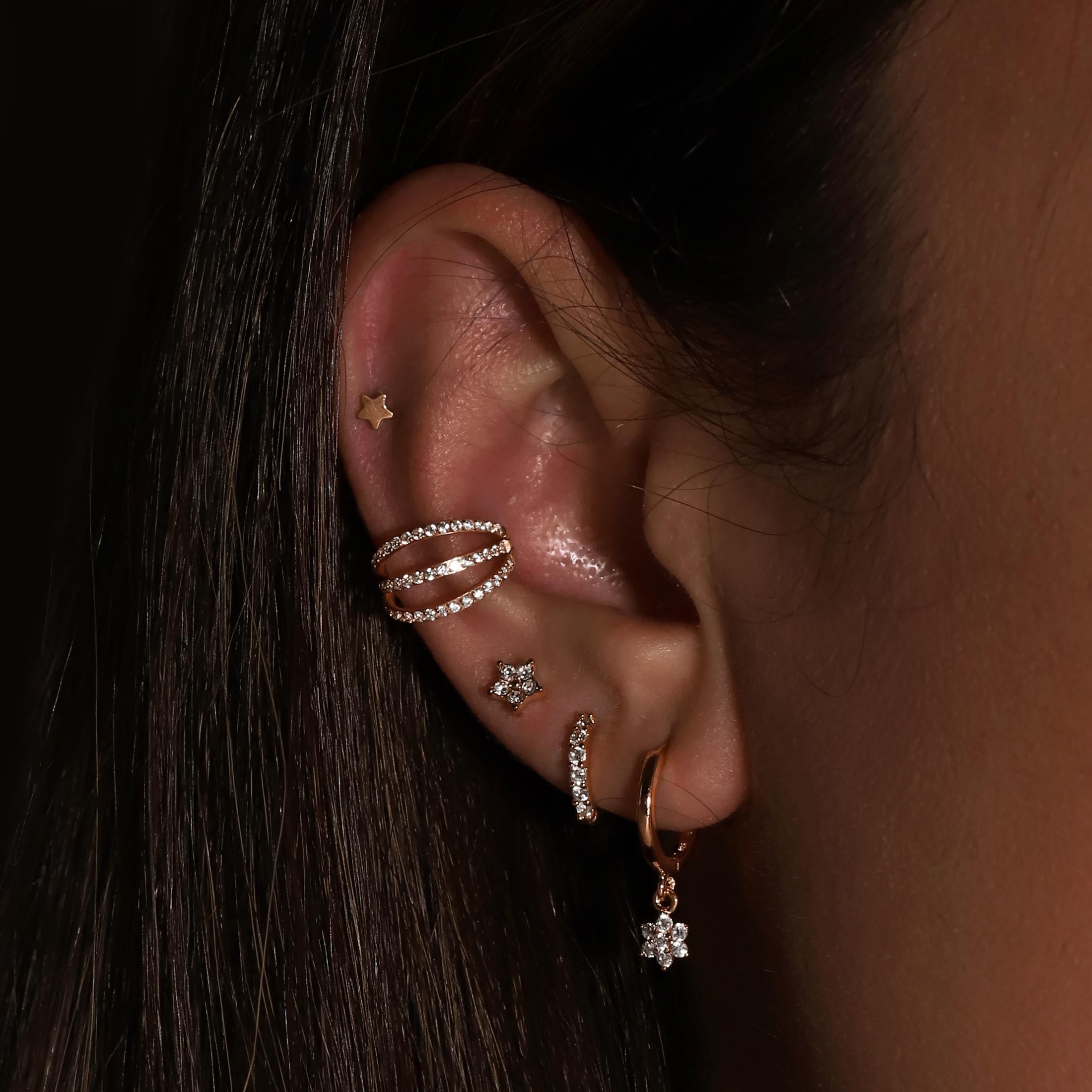 Aure Gemstone Helix Conch & Cartilage Hoop Piercing On Model - Rose Gold