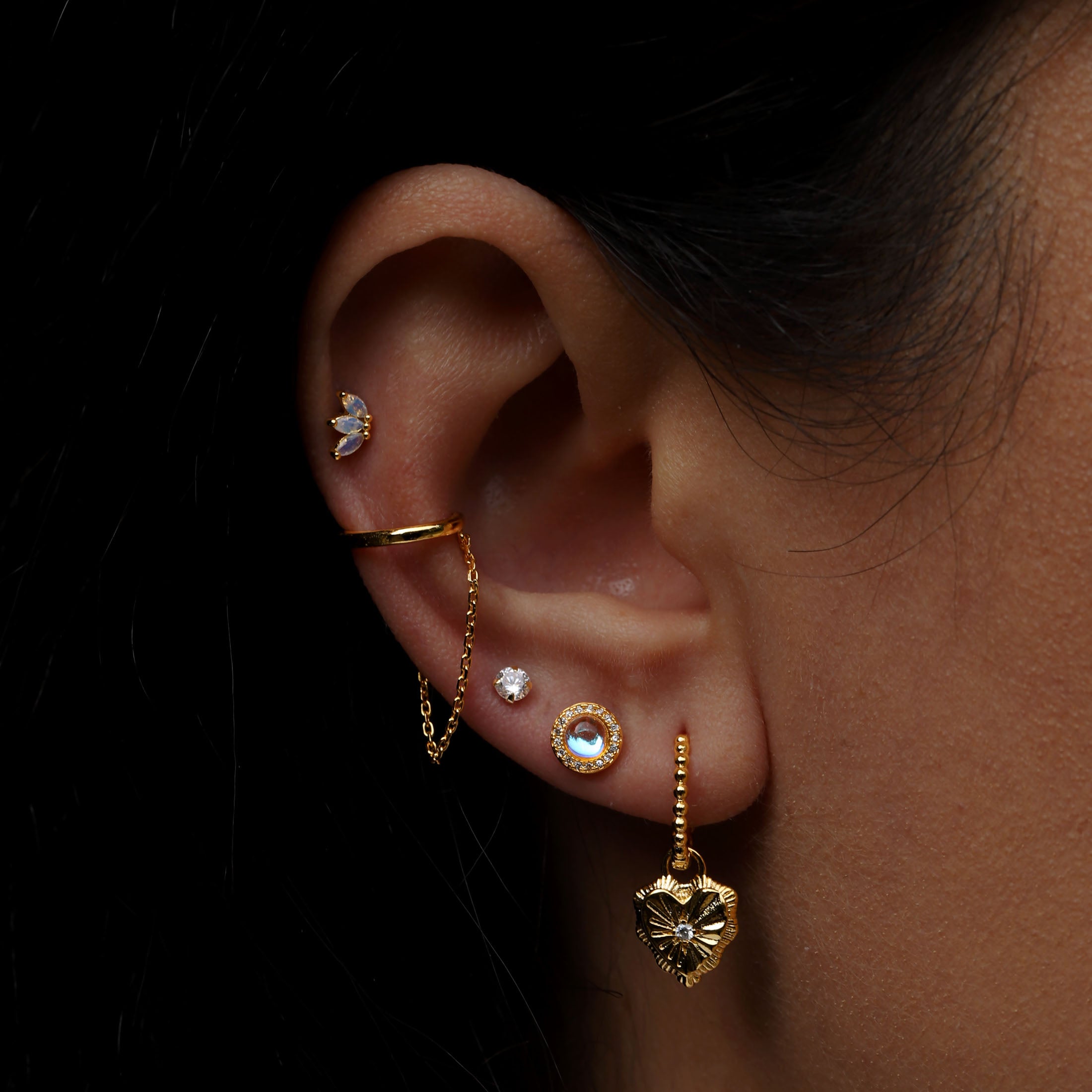 Pulse Heart Charm Huggie Hoop Earrings On Model - Gold