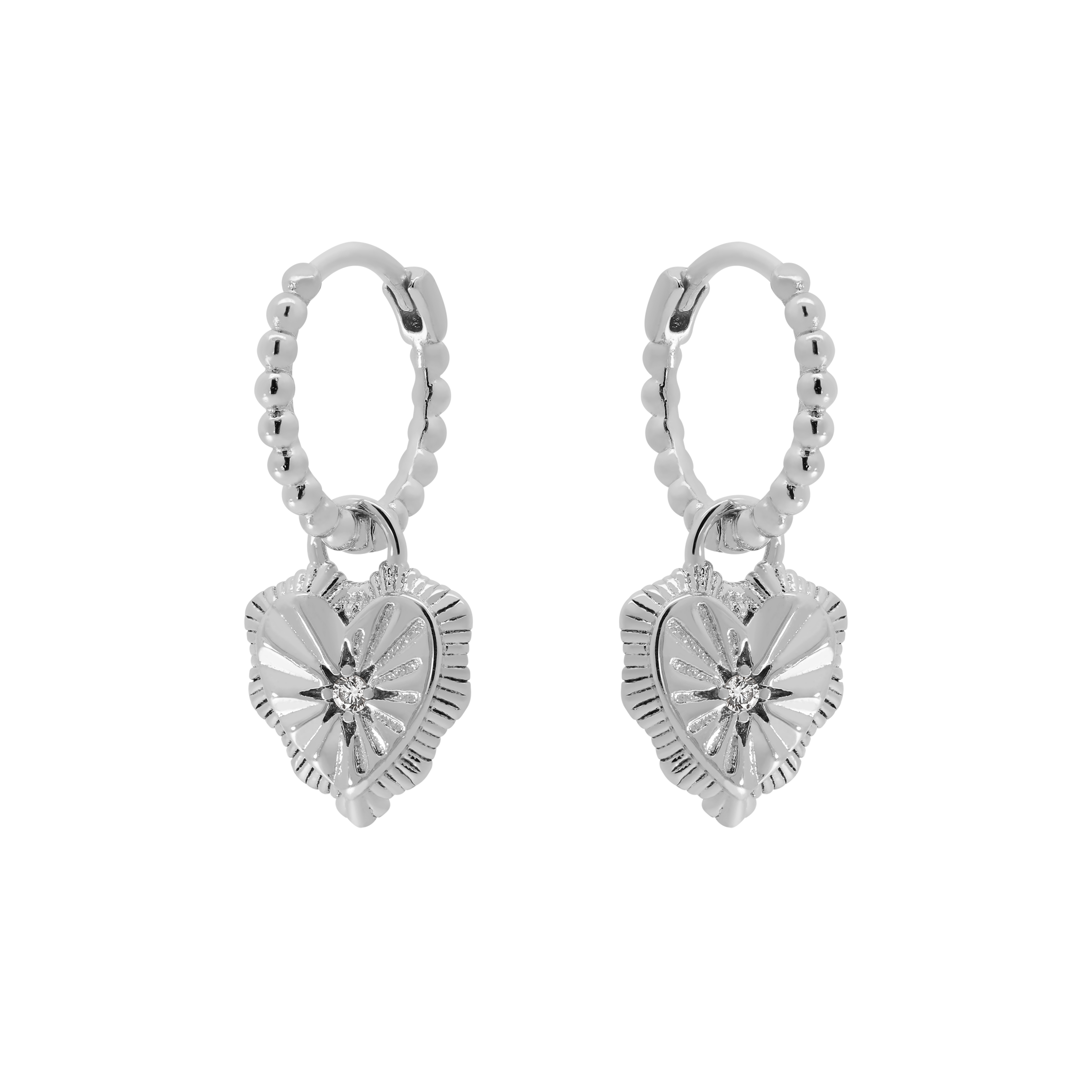 Pulse Heart Charm Huggie Hoop Earrings - Sterling Silver