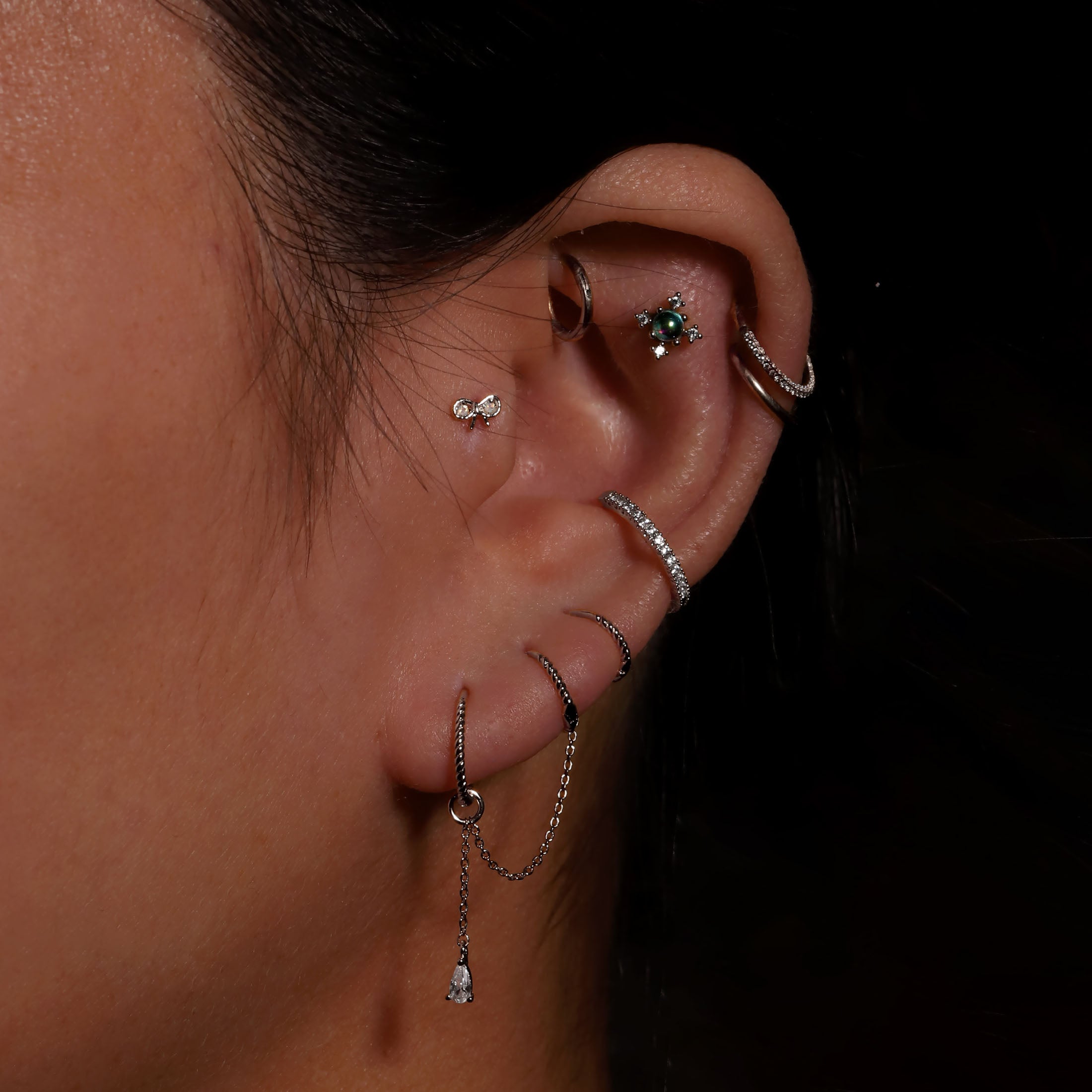 Rope Textured Earring Huggie Hoops On Model - Sterling Silver