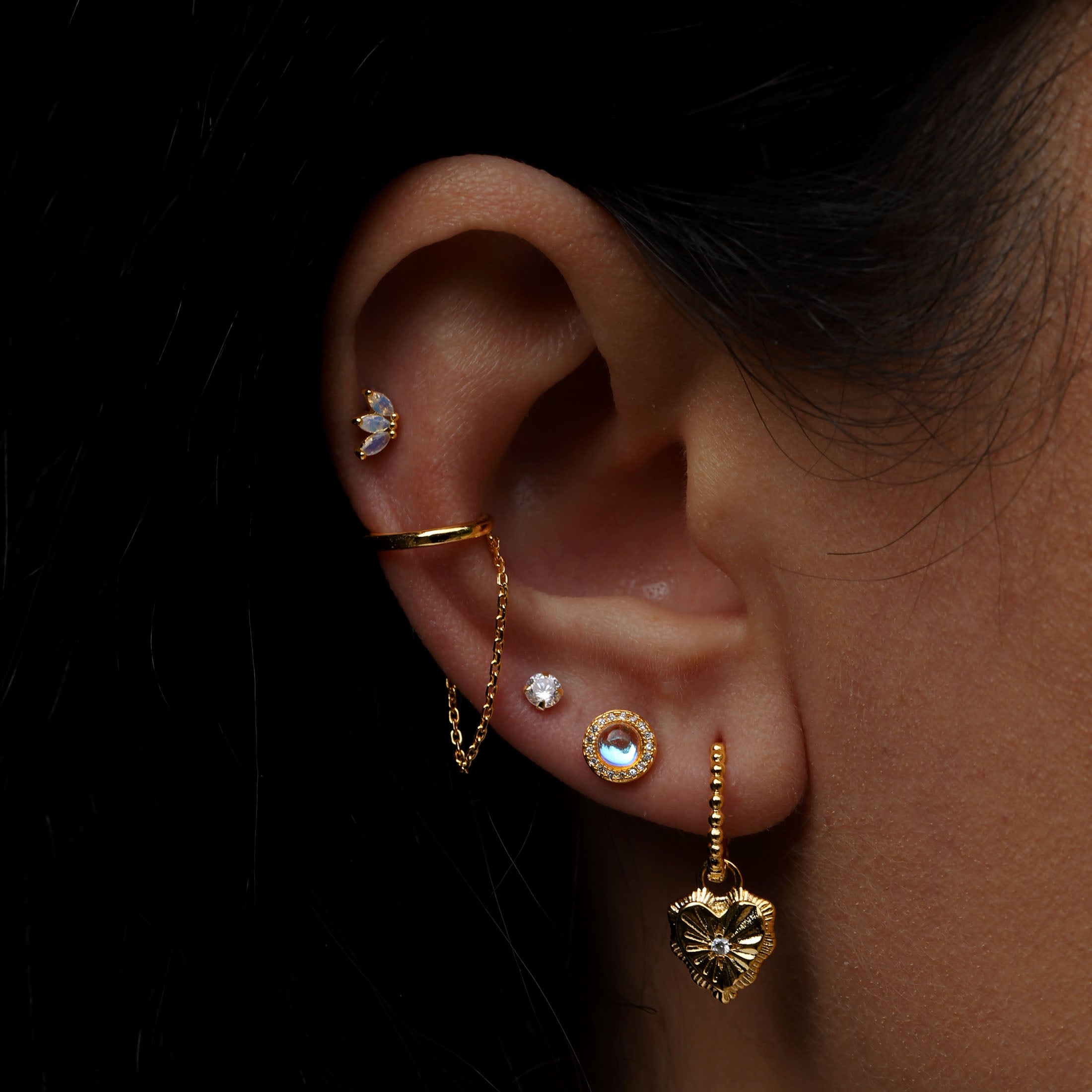 Sanctum Moonstone & Gemstones Earring Studs On Model - Gold
