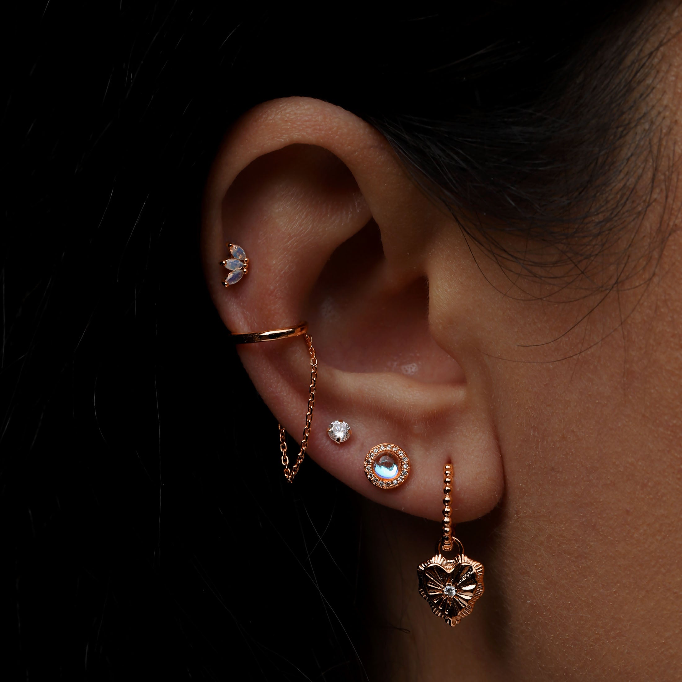 Sanctum Moonstone & Gemstones Earring Studs On Model - Rose Gold
