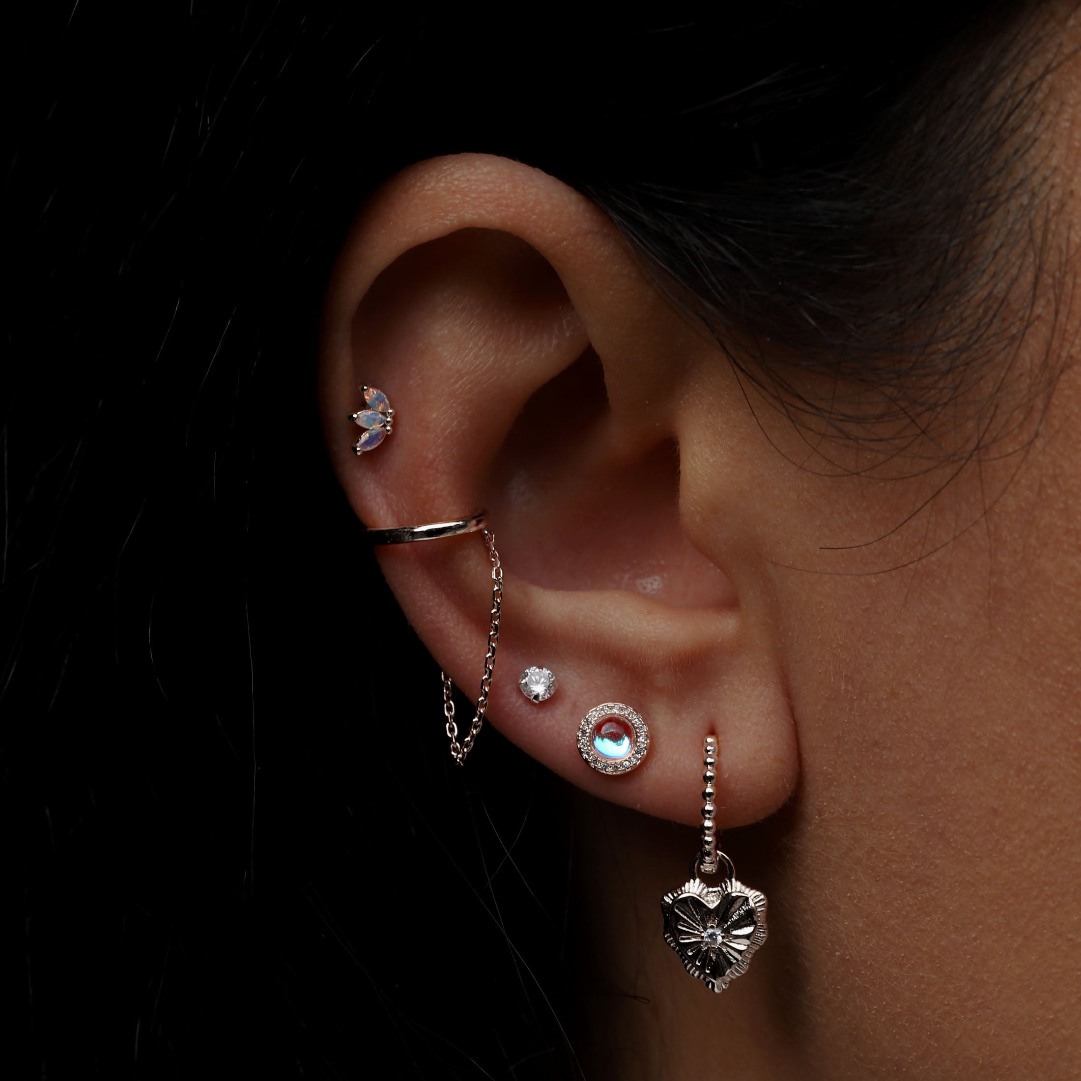 Sanctum Moonstone & Gemstones Earring Studs On Model - Sterling Silver