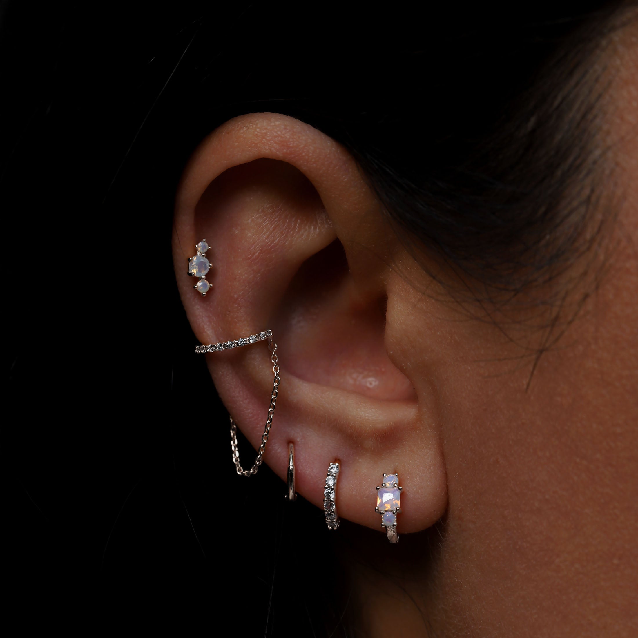 Savant Opal Gemstone Huggie Hoop Earrings On Model - Sterling Silver