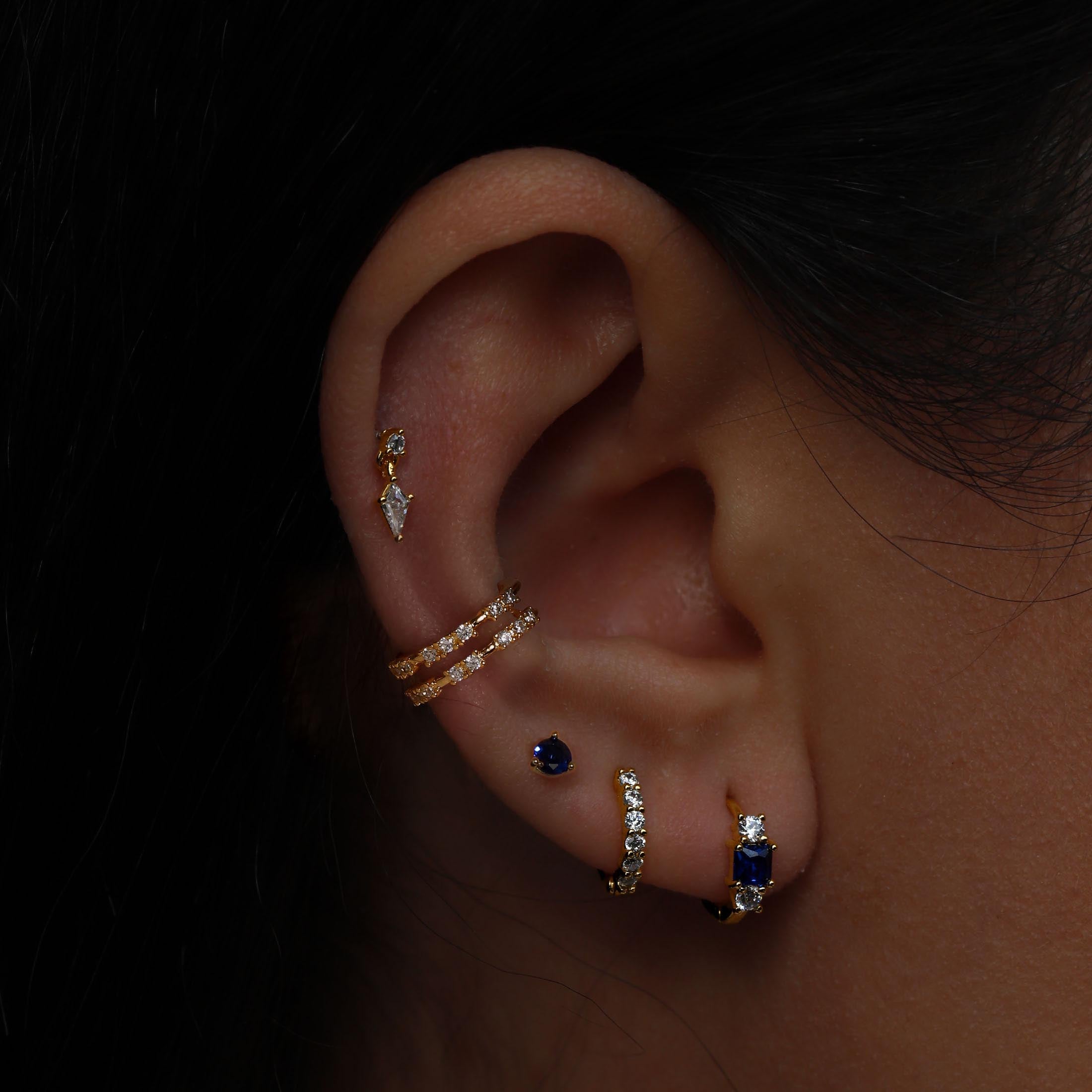 September Sapphire Birthstone Earring Studs On Model - Gold