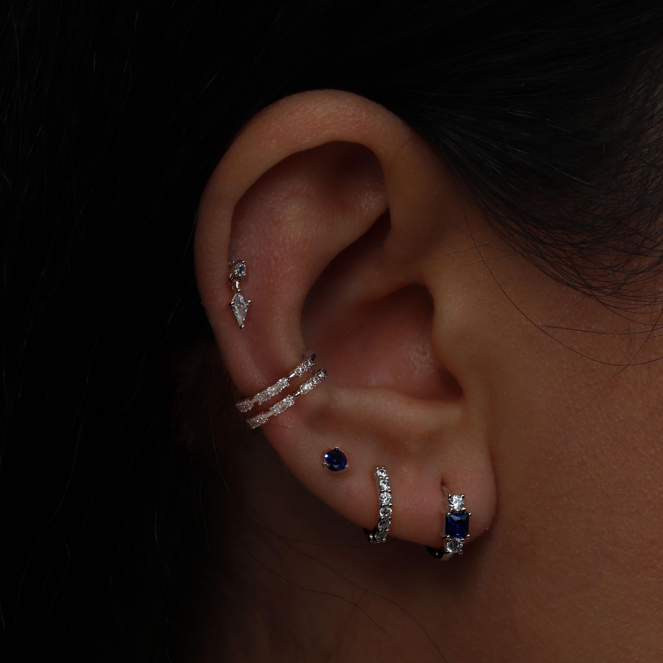 September Sapphire Birthstone Earring Studs On Model - Sterling Silver