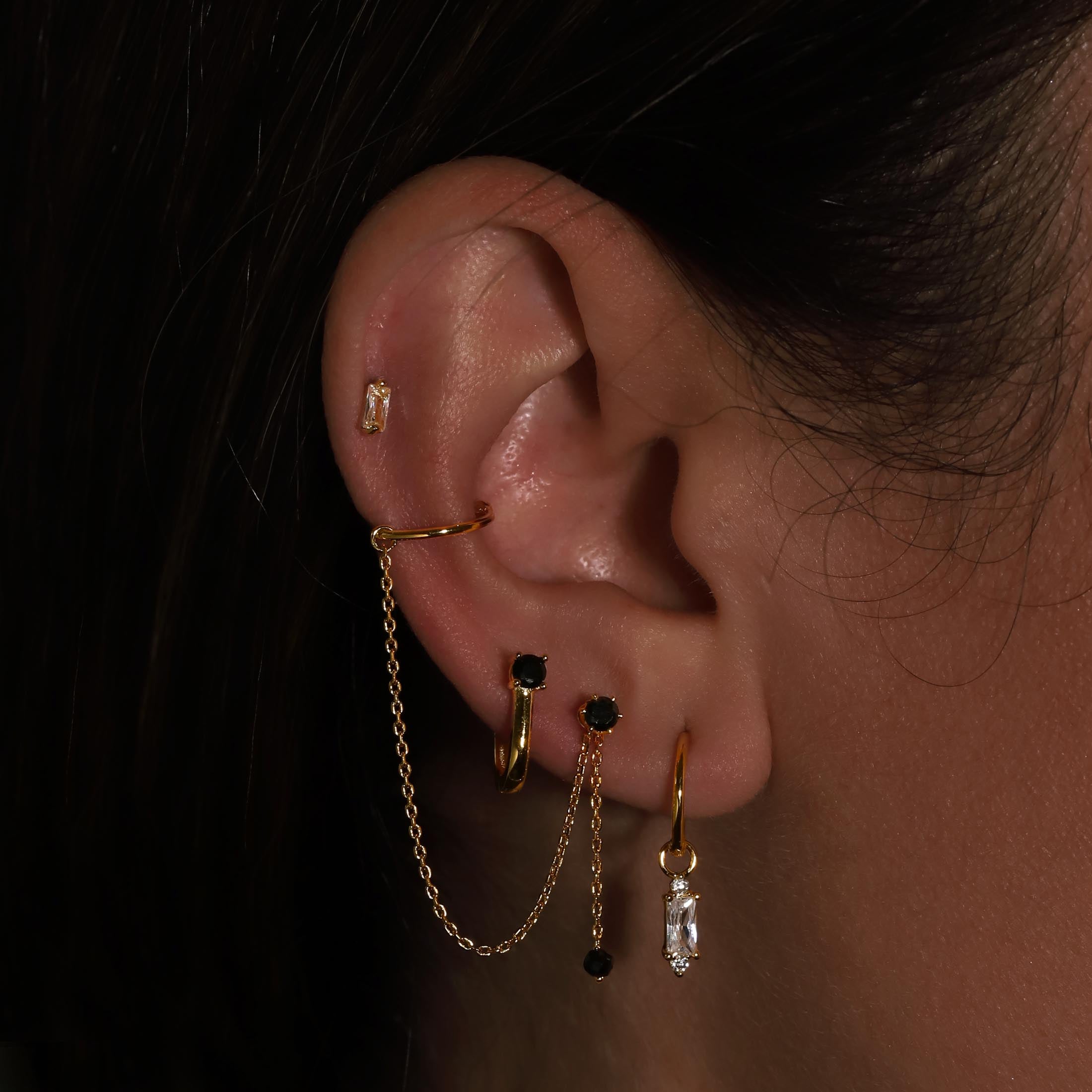 Retribution Onyx Stud Earring Hoops On Model - Gold