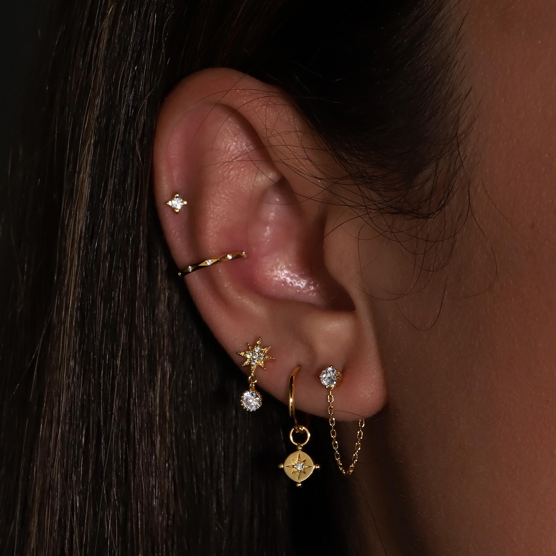 Starfall Gemstone Star & Charm Earring Studs On Model - Gold