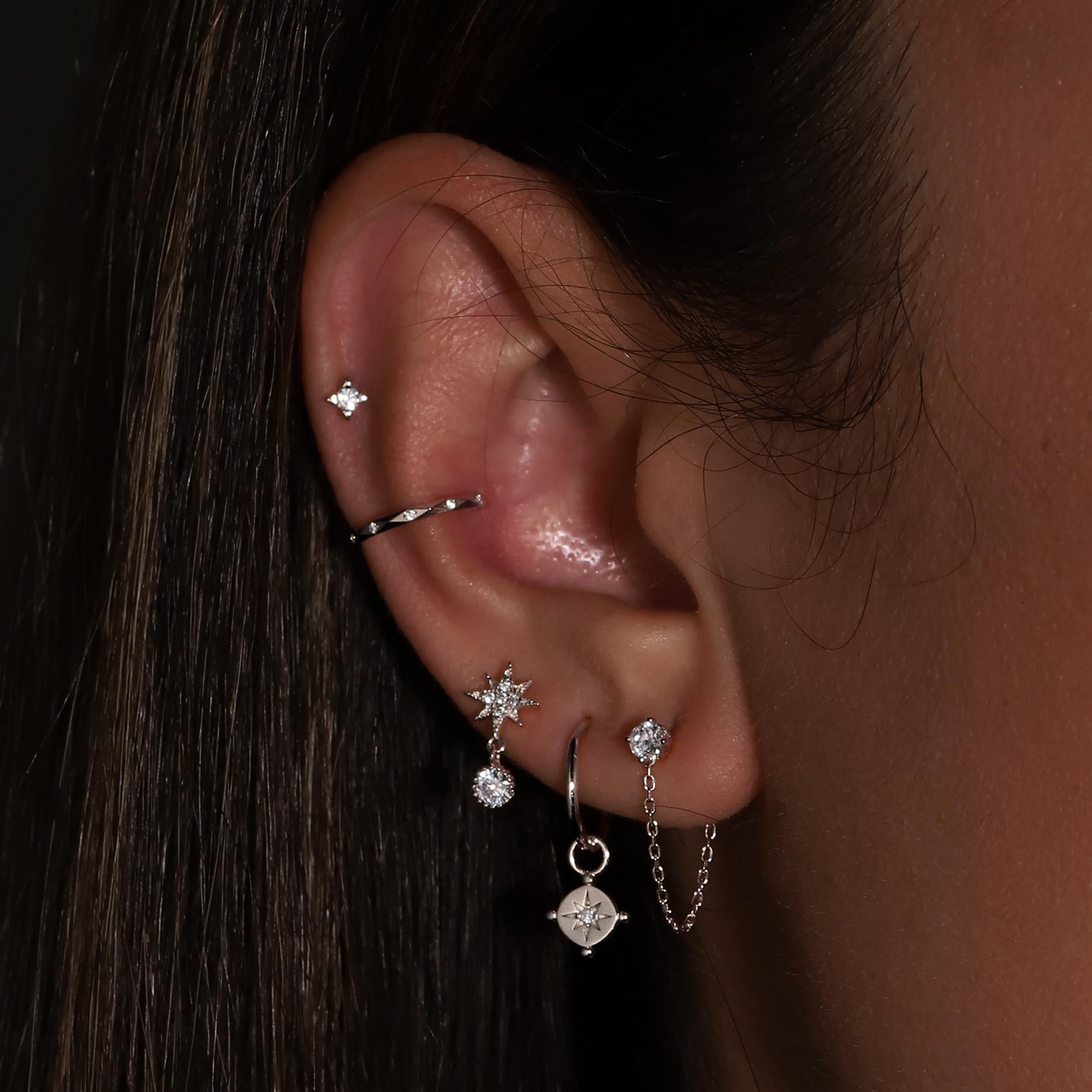 Starfall Gemstone Star & Charm Earring Studs On Model - Sterling Silver