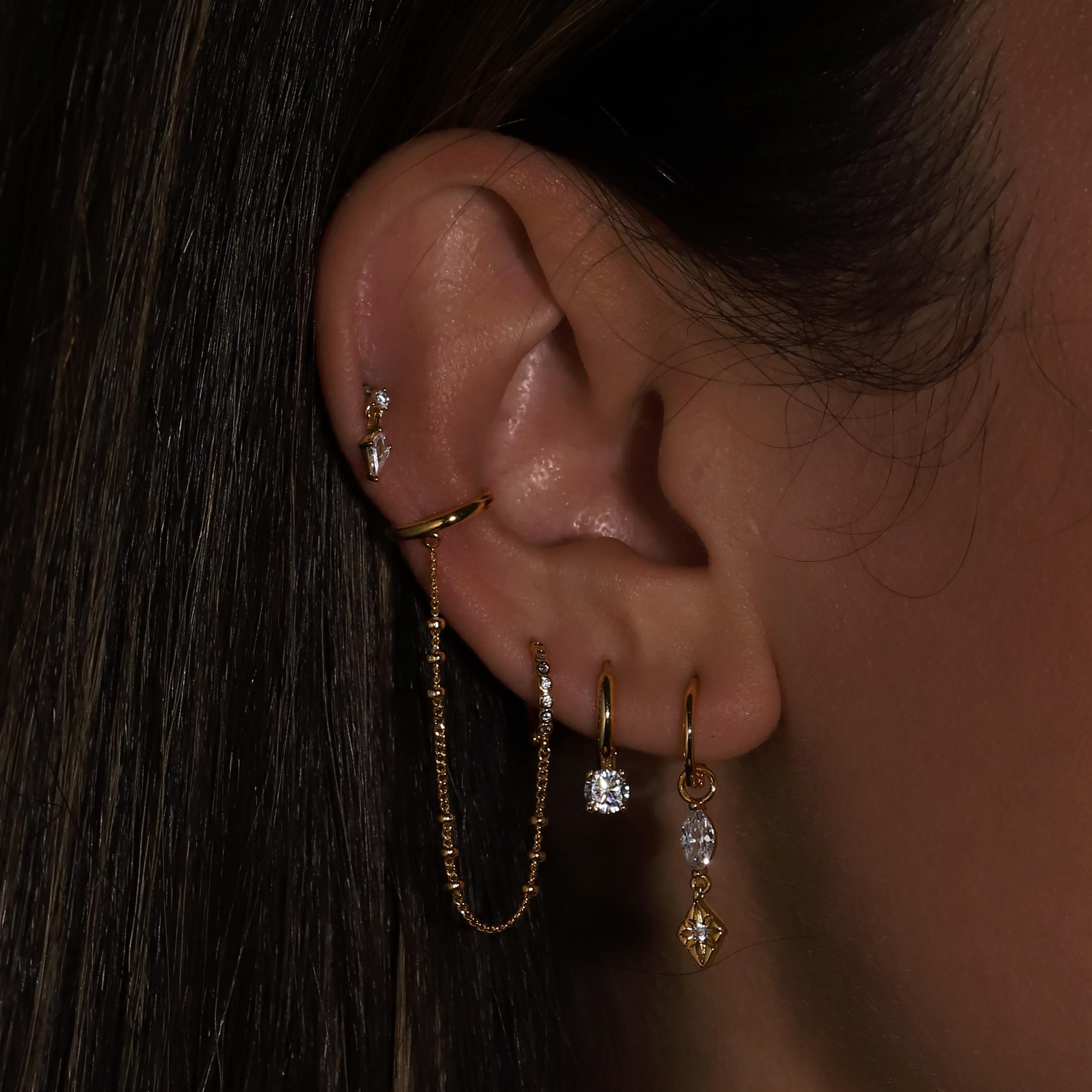 Solitaire Gemstone Huggie Hoop Earrings On Model - Gold