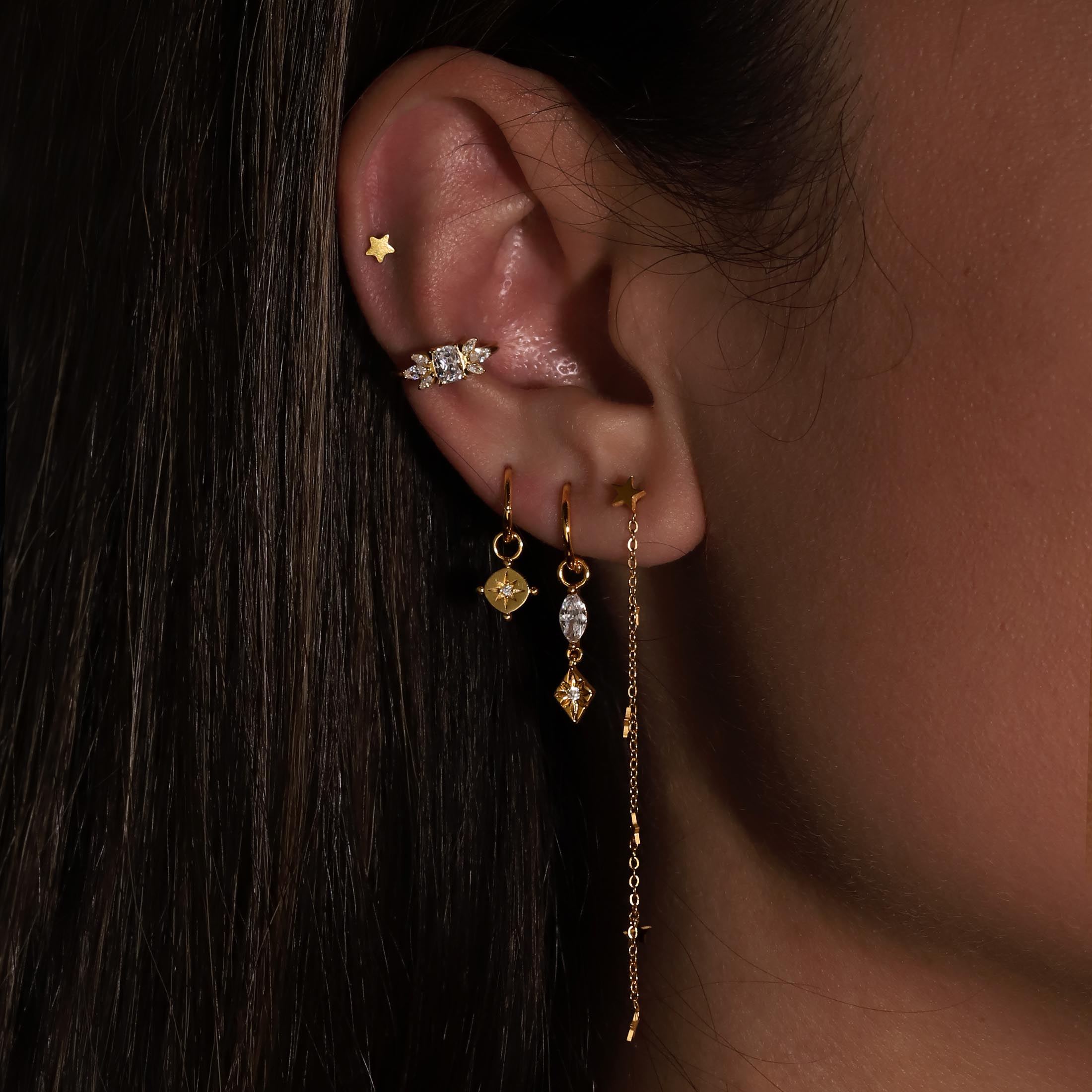 Symphony Gemstone Helix Conch & Cartilage Hoop Piercing On Model - Gold