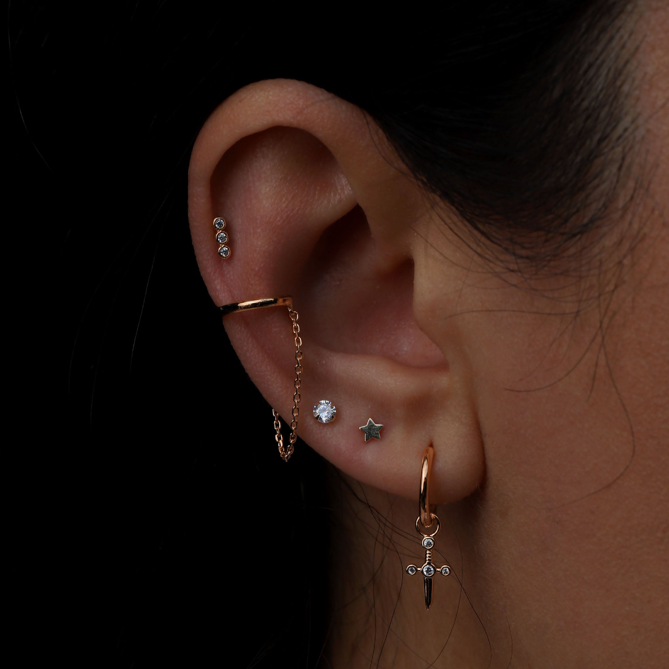 Starlight Star Earring Studs On Model - 14K Solid Rose Gold